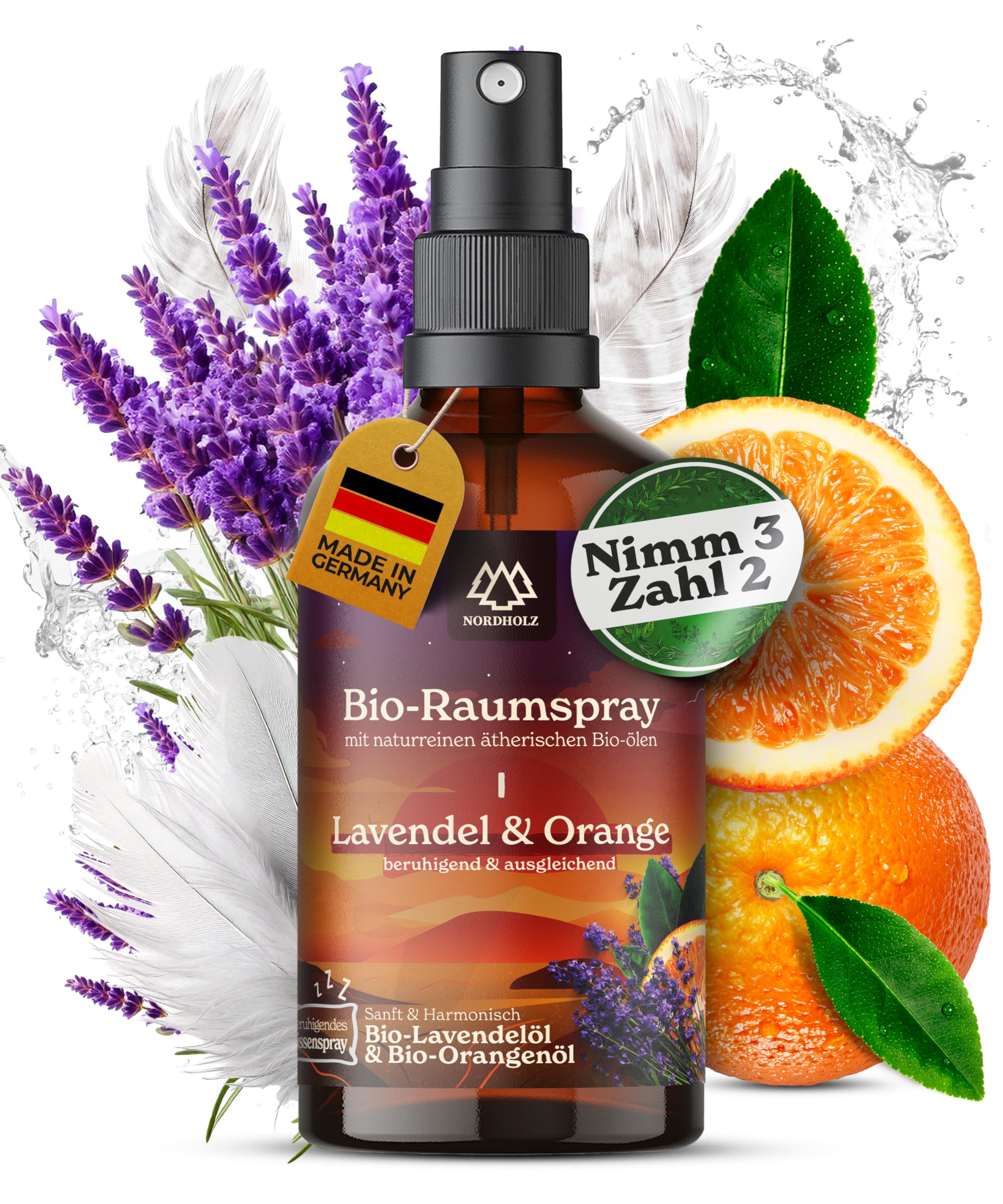NORDHOLZ® Lavendel & Orangenspray – BIO-Raumspray Orange – Natürlicher Raumduft für Kissen, Wohnräume & Schlafzimmer mit 100% naturreinem ätherischem BIO-Orangenöl – Kissenspray