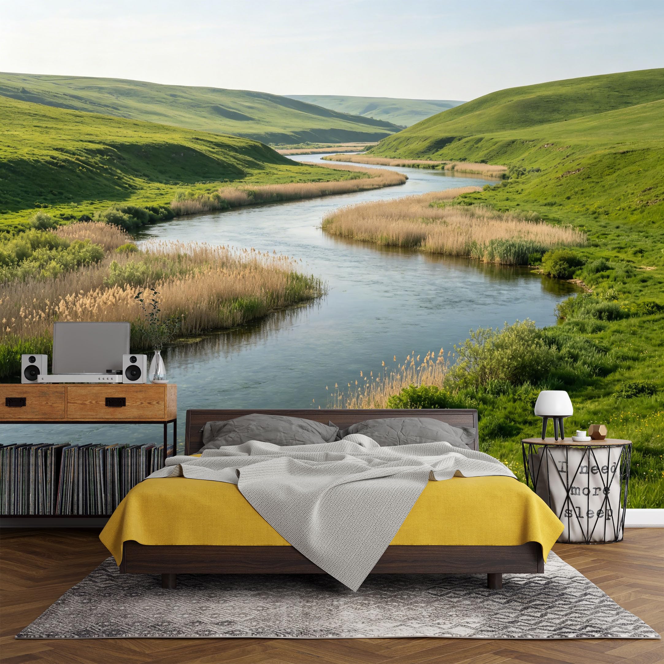 Custom Size Wall Mural， Landscape River Meadow Green Hills Tranquil Nature Scene，SelfAdhesive Art Prints wall Fabric (No PVC) Removable Wallpaper Living Room Decor