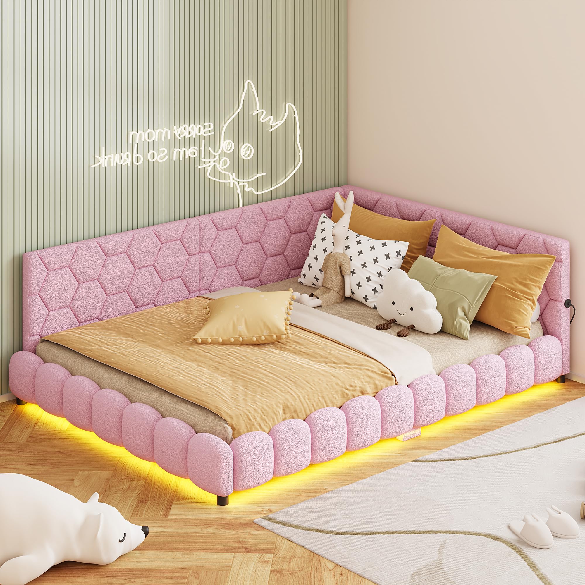 FEEOHOME Sofá cama tapizado de 140 x 200 cm, sofá cama con LED y USB, cama multifuncional con somier y patas para habitación infantil, salón, sin colchón (rosa)