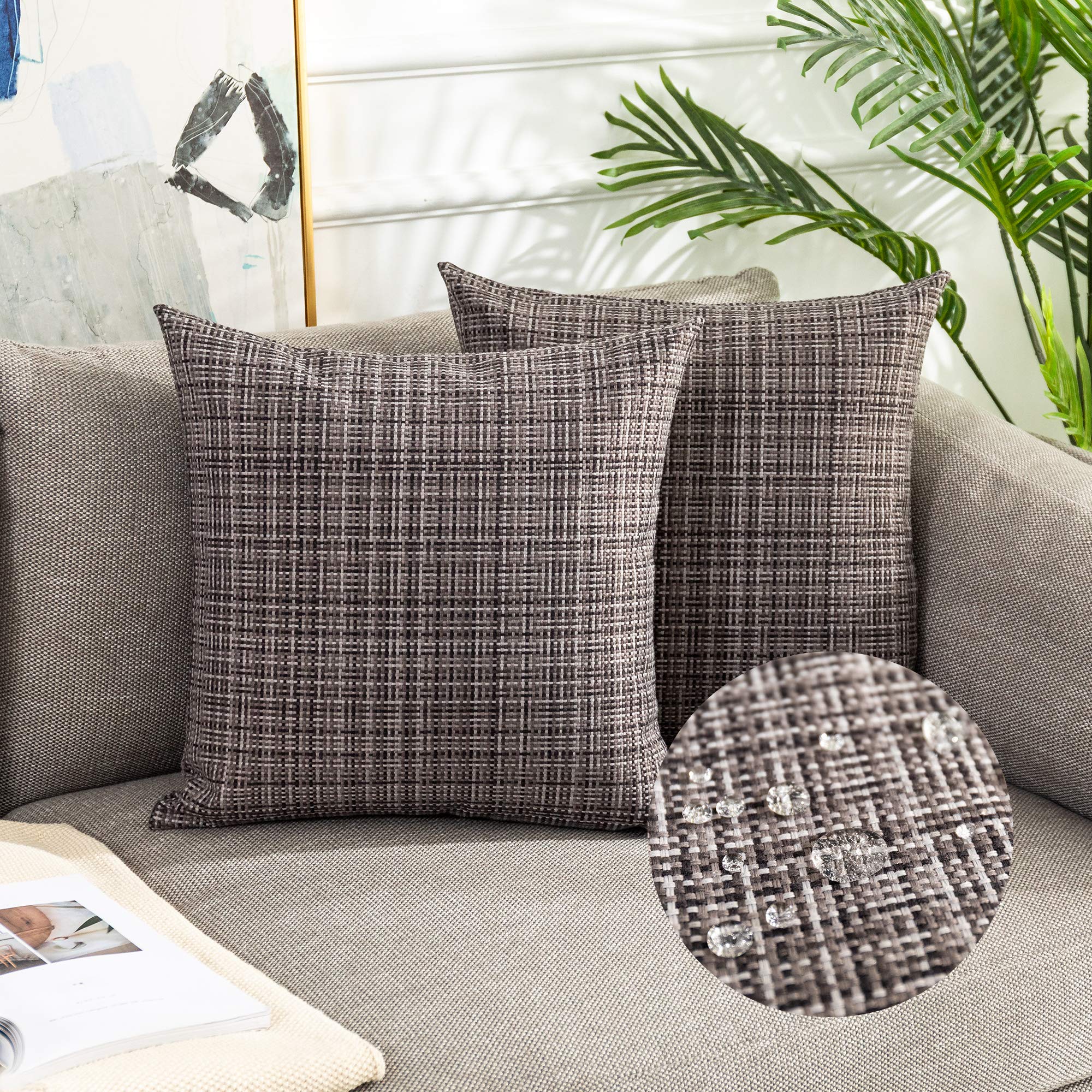 Kevin Textile Waterproof Cushion Covers 45x45 cm Set of 2 Outdoor Stripe Woven Texture Water Resistant Seat Cushions Cover 18x18 Inch for Garden Patio Balcony Couch Sofa Chair Seats, Grey