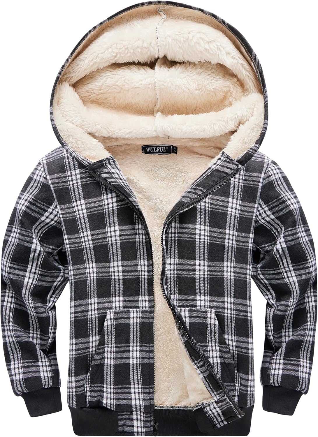 WULFUL Boys Flannel Fleece Jackets Plaid Sherpa Hoodie Zip Up Winter Coat 5-14 Years