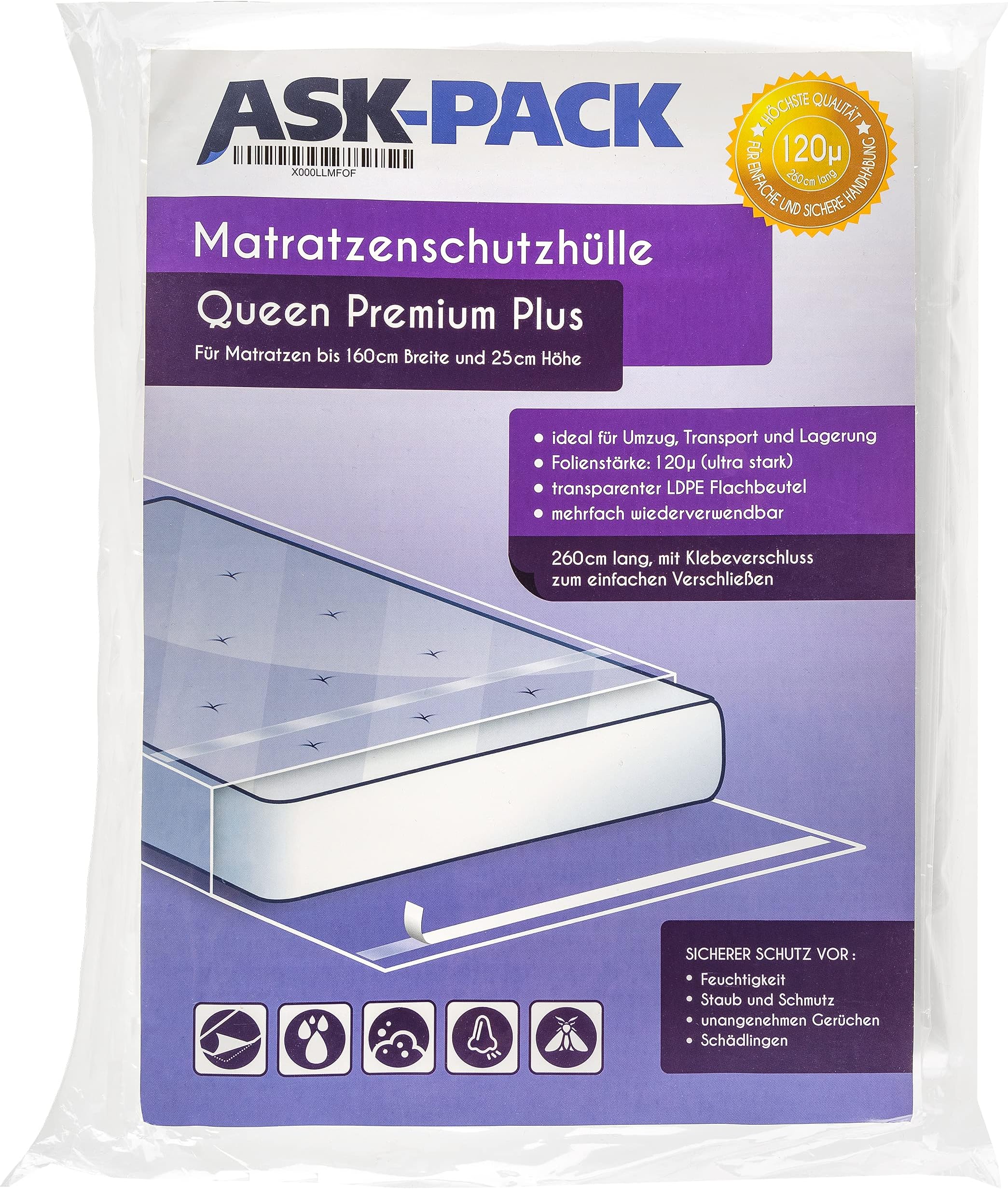 Premium Mattress Bag Queen for 160cm wide mattress With adhesive closure - ULTRA HEAVY DUTY 100µ, EXTRA long 250cm