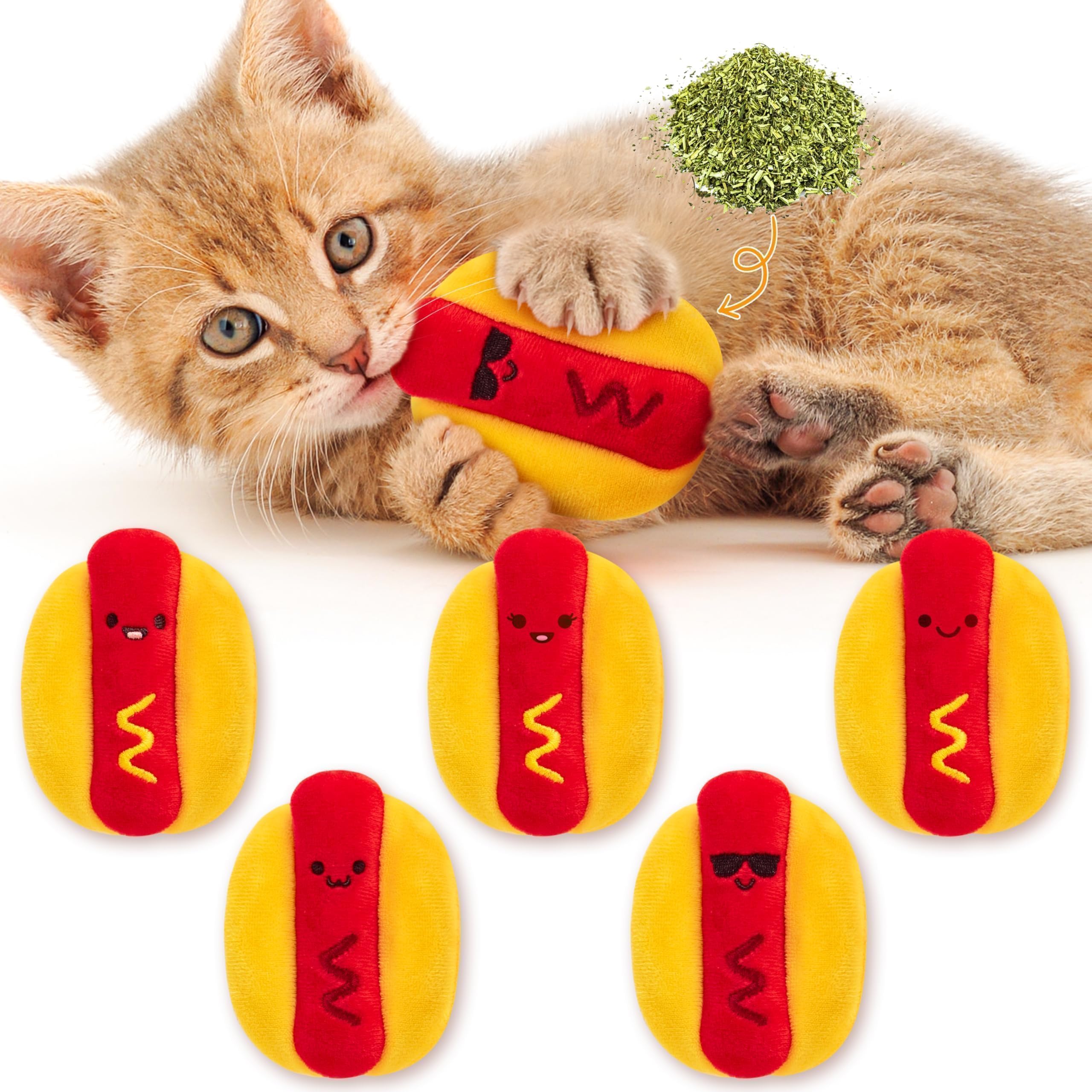 L1rabe Hot Dog Katzenminze-Spielzeug – Sommer 5 niedliche Hot-Dog-Katzen-Geräuschspielzeuge, interaktives Haustierzubehör, Kätzchen, Kauen, Beißen, Kick-Kratzwerkzeuge, Katzenminze, Katzenliebhaber