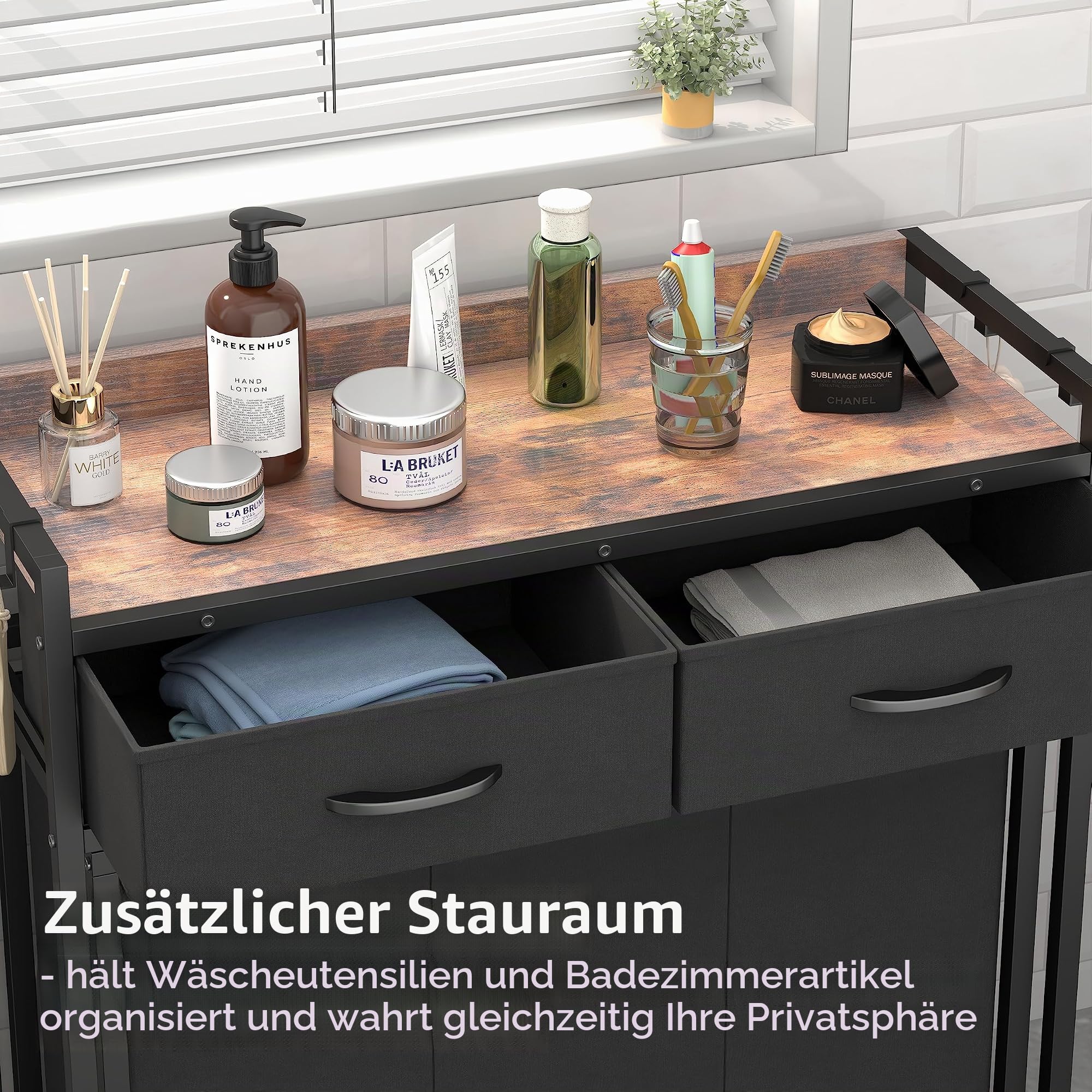 Wäschekorb 3 Fächer, 120L Wäschesammler mit 2 Schubladen & Ablage, Wäschesack mit Rollen für Waschküchen, Badezimmer (Schwarz)