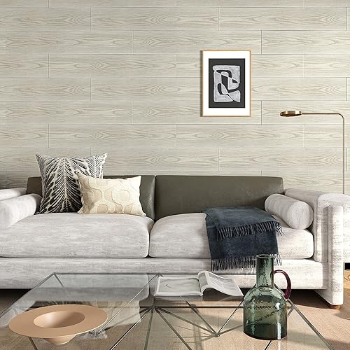 Miniatura 6 de VEELIKE Paquete de 12 pisos de tablones de vinilo de madera gris beige de 6 x 36 pulgadas, azulejos de piso de suelo de madera para despegar y