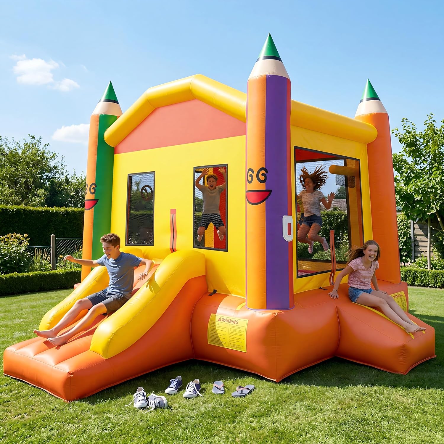 Heavy-Duty Extra Large Inflatable Bounce House with Slide, Roomy Jump Area, 174" L x 174" W x 144.9" H, Outdoor Bouncer Castle with Air Blower for Party Play