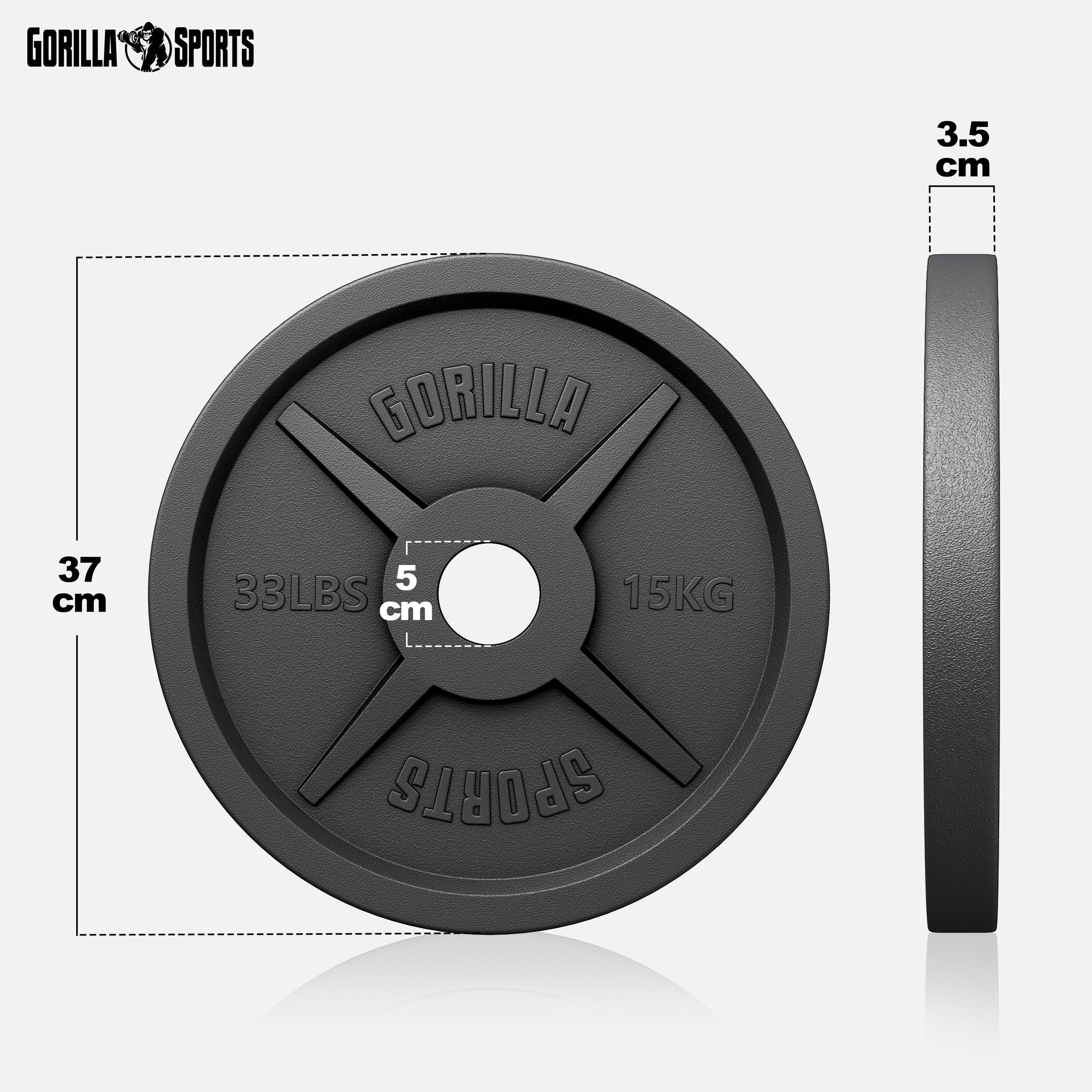 GORILLA SPORTS® Dischi Palestra - Set da 30 kg, Olimpici, Antiscivolo, Ghisa, Ø50/51mm - Pesi Bilanciere, Manubri, Bodybuilding, Peso, Olimpionici, Powerligitng, Palestra Casa, Fitness, Braccia