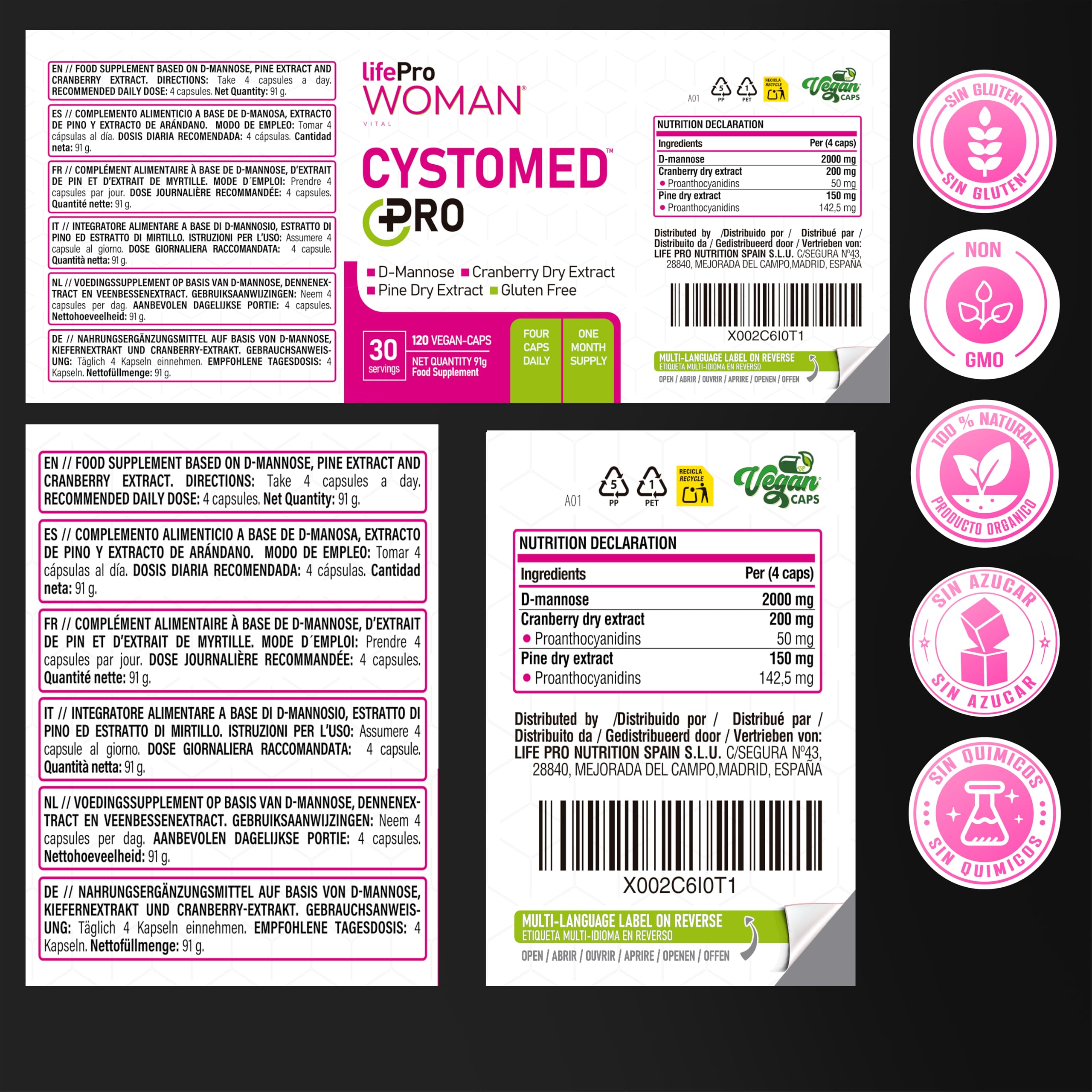 Arandano Rojo Cistitis 5x Potencia EFSA + D Manosa 2000mg + Extracto de Pino – Life Pro Cystomed Triple Acción 120 Caps con 192,5mg PACs Estandarizados – Científicamente (EFSA/PubMed)