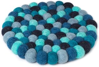 Abbott Collection Felt Ball Trivet - Blue | Heat-Resistant Wool, Handmade in Nepal by Female Artisans, Fair Trade Certified, Wool, 8"D