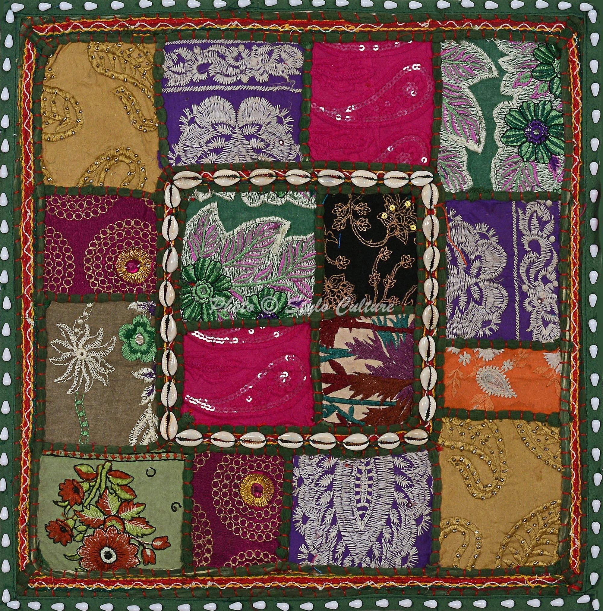 Indische Dekorativ Baumwolle Sofa Kissenbezüge 40x40 cm Dunkelgrün Dekokissen Gesticktes Patchwork Wohnzimmer Couch Kissenhullen Blumen Quadrat Umschlagverschluss Kissen Bezüge - 4 STK.
