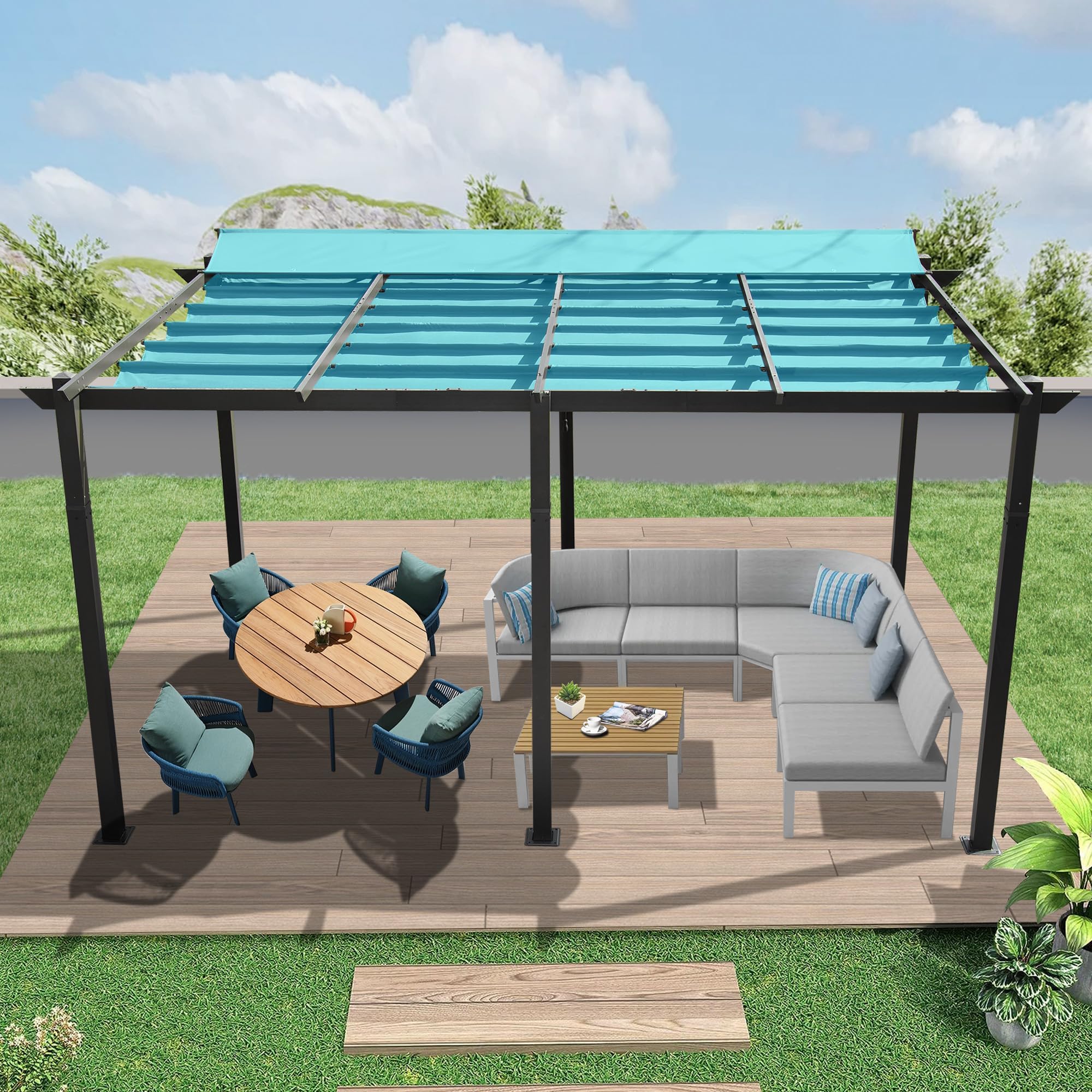 GOWE 11 X 16 FT Outdoor Living Outdoor Retractable Pergola with Weather-Resistant Canopy Aluminum Garden Pergola Patio Grill Gazebo for Courtyard -Lake Blue