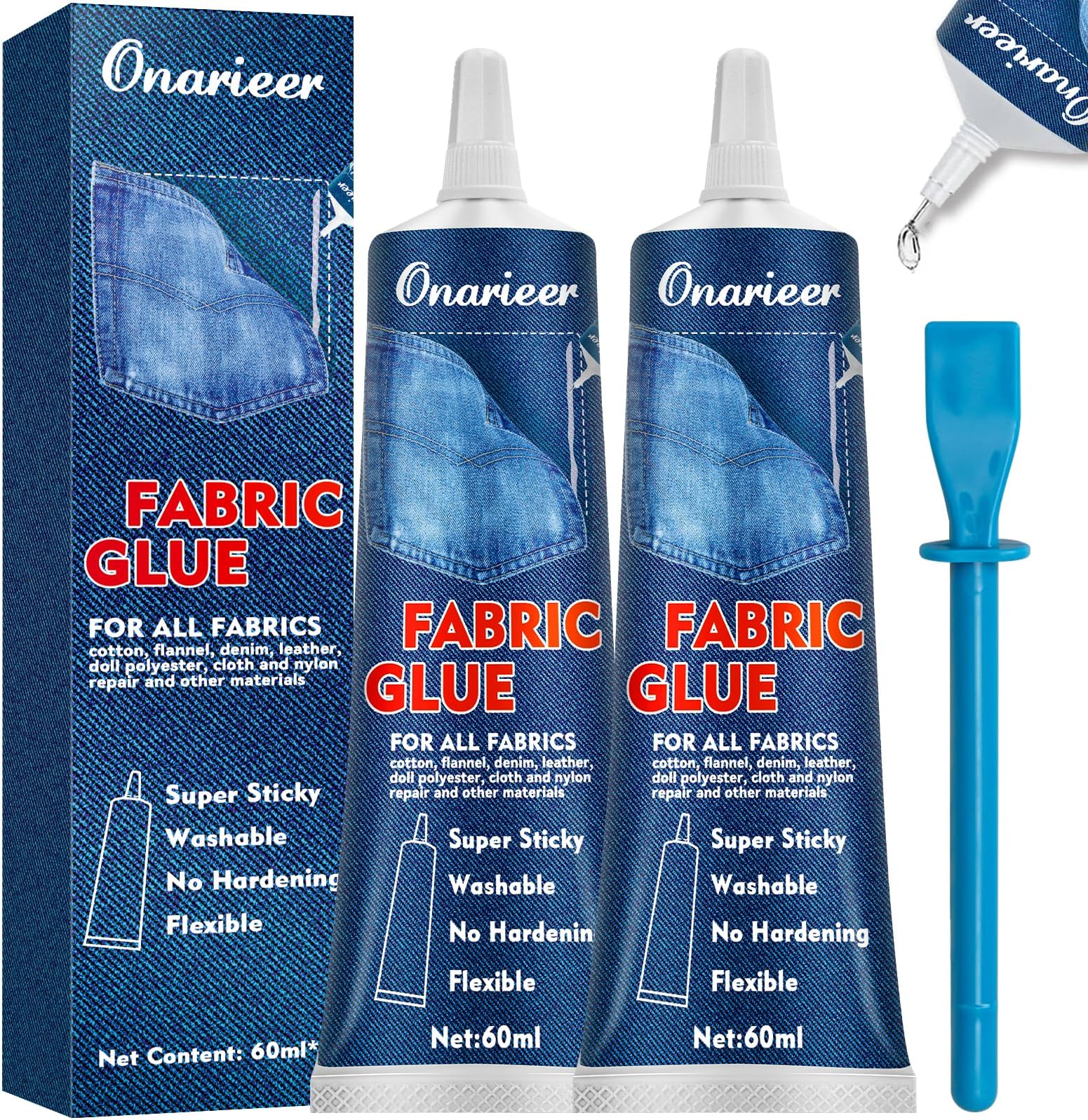 2x60ml Fabric Glue Permanent Clear Washable for Patches Drying Waterproof Fabric Adhesive Glue for All Fabrics, Clothes, Cotton, Flannel, Denim, Leather, Polyester, Doll Repair
