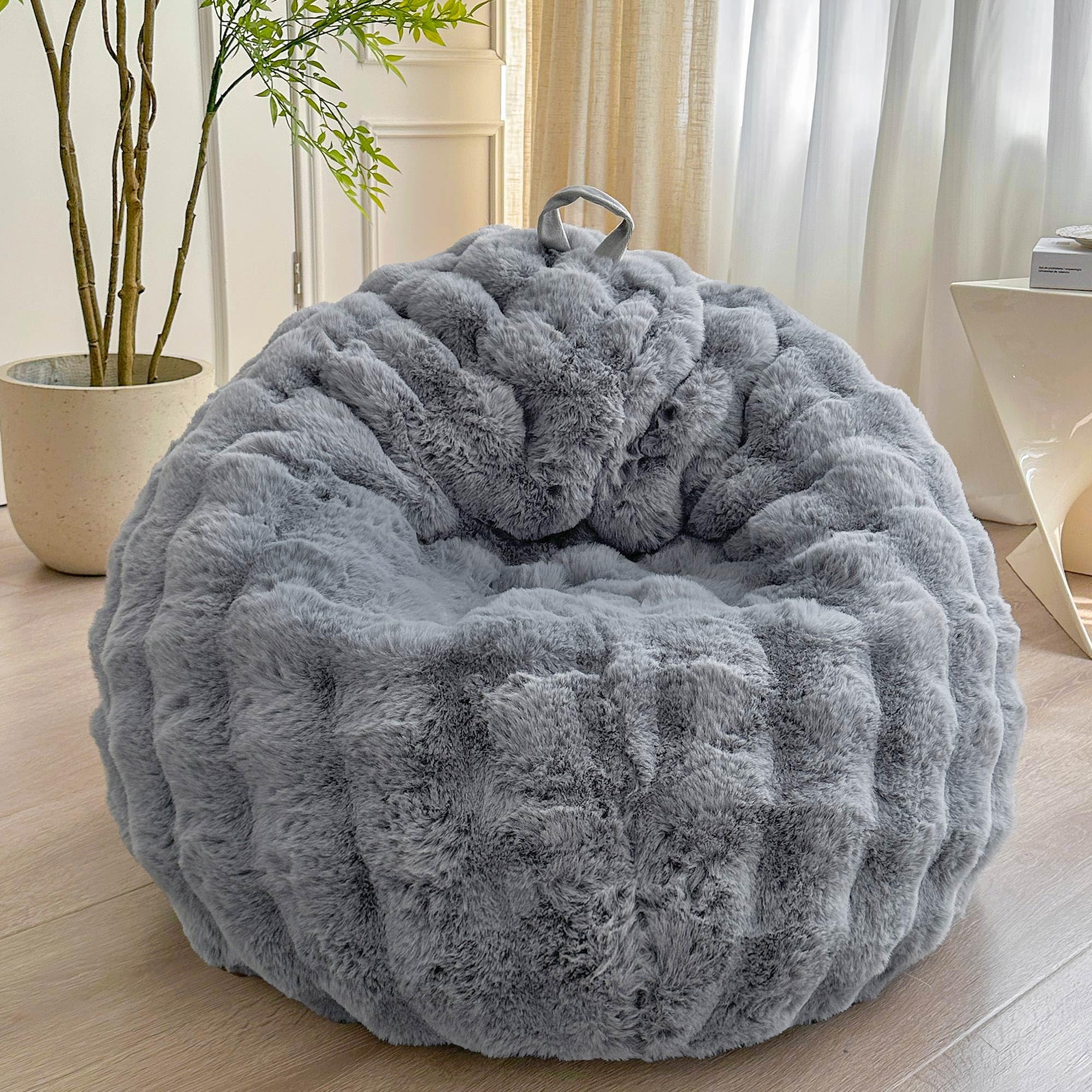 LIFEREVO Kids Fluffy Faux Rabbit Fur Bean Bag Cover (No Filler), Soft Stuffed Fuzzy Animal Storage Bubble Bean Bag for Plush Toys, Gray Cute Shaggy