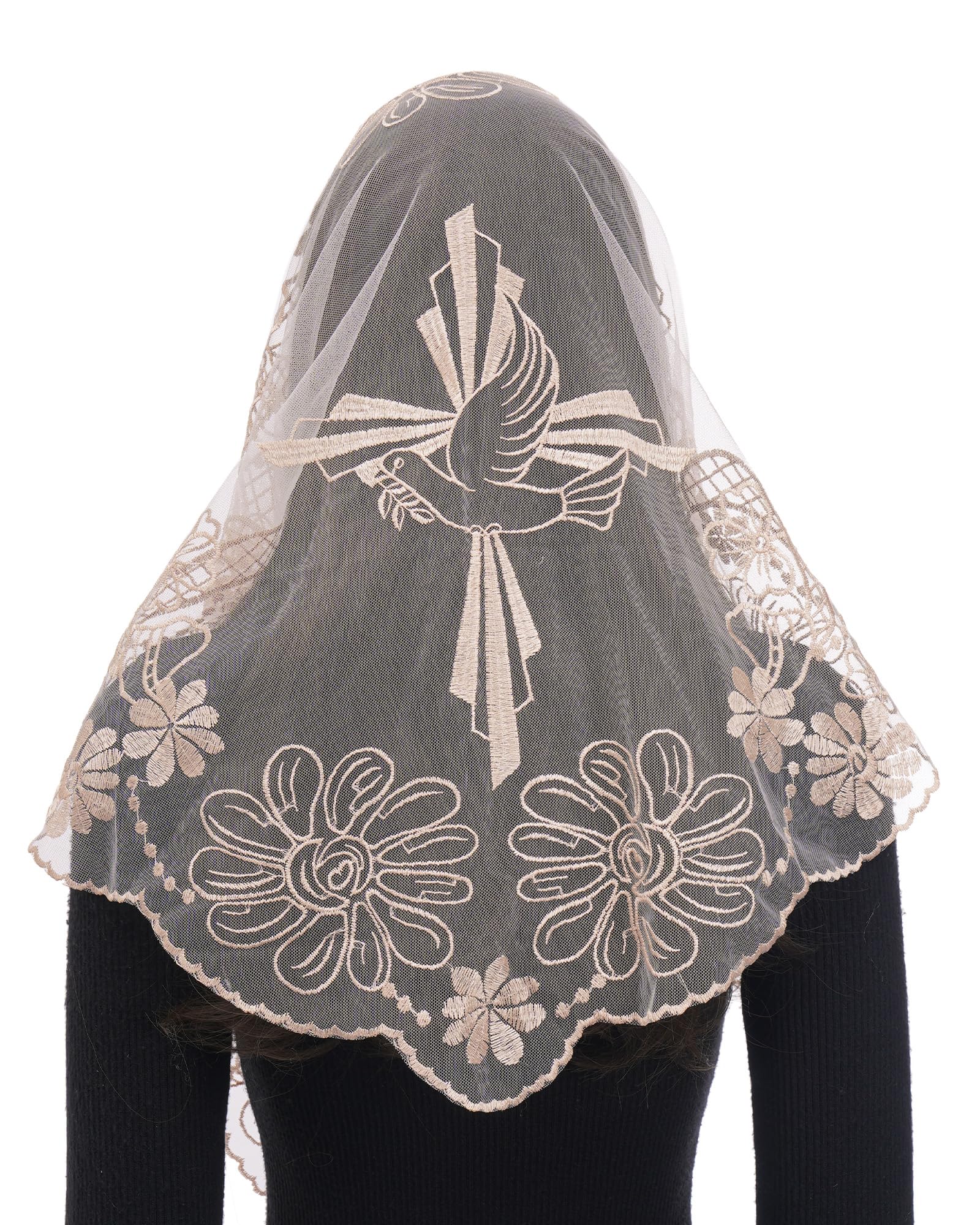 Bozidol Church Catholic Veils for Women, Triangle Cross and Dove Lace Mantilla Chapel Veil, Latin Mass Prayer Head Coverings