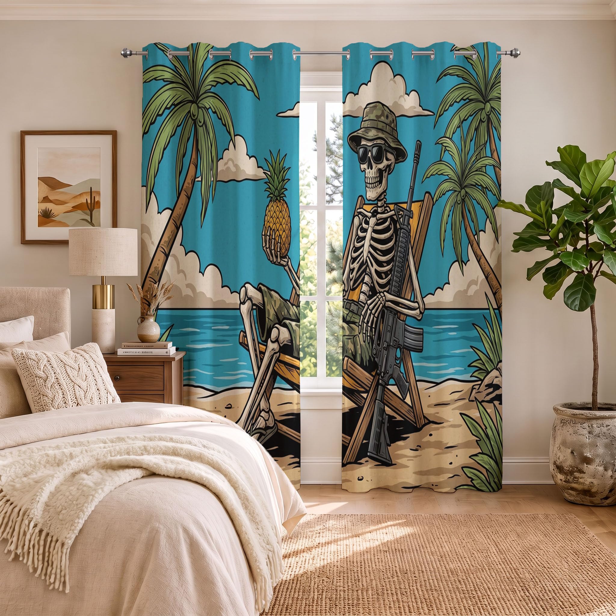 Animationsstil Verdunklungsvorhänge H140 x B90 cm (2er Pack) Set Blickdicht Gardinen Mit Ösen Für Wohnzimmergothic-Schädel Vorhänge Schlafzimmer Kinderzimmer - Blaugrün