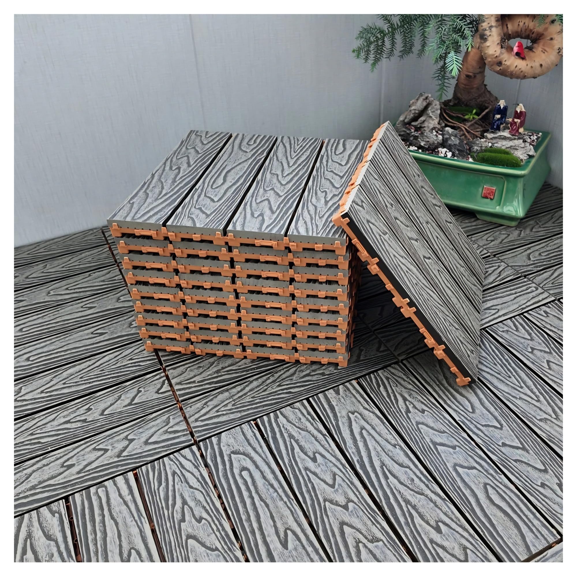 22 Pcs Composite Wood Patio Deck Tiles, Interlocking Flooring
