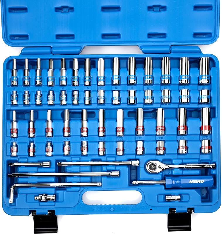 02514A 1/4 Inch-Drive Ratchet and Small Socket Set, 58-Piece, Chrome Vanadium Steel, Multi-color