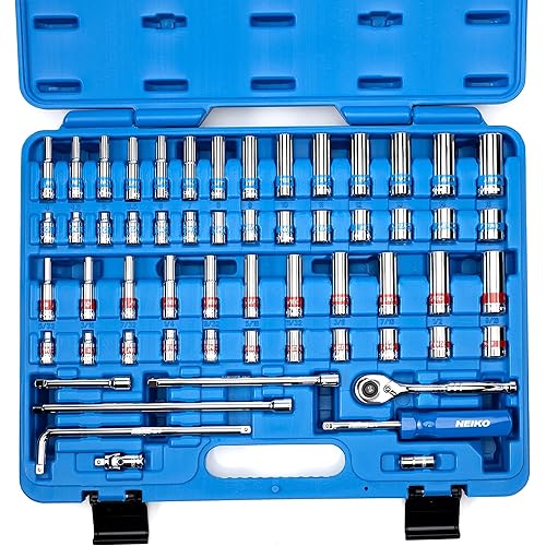 Neiko 02514A 1/4 Inch-Drive Ratchet and Small Socket Set, 58-Piece, Chrome Vanadium Steel, Multi-color