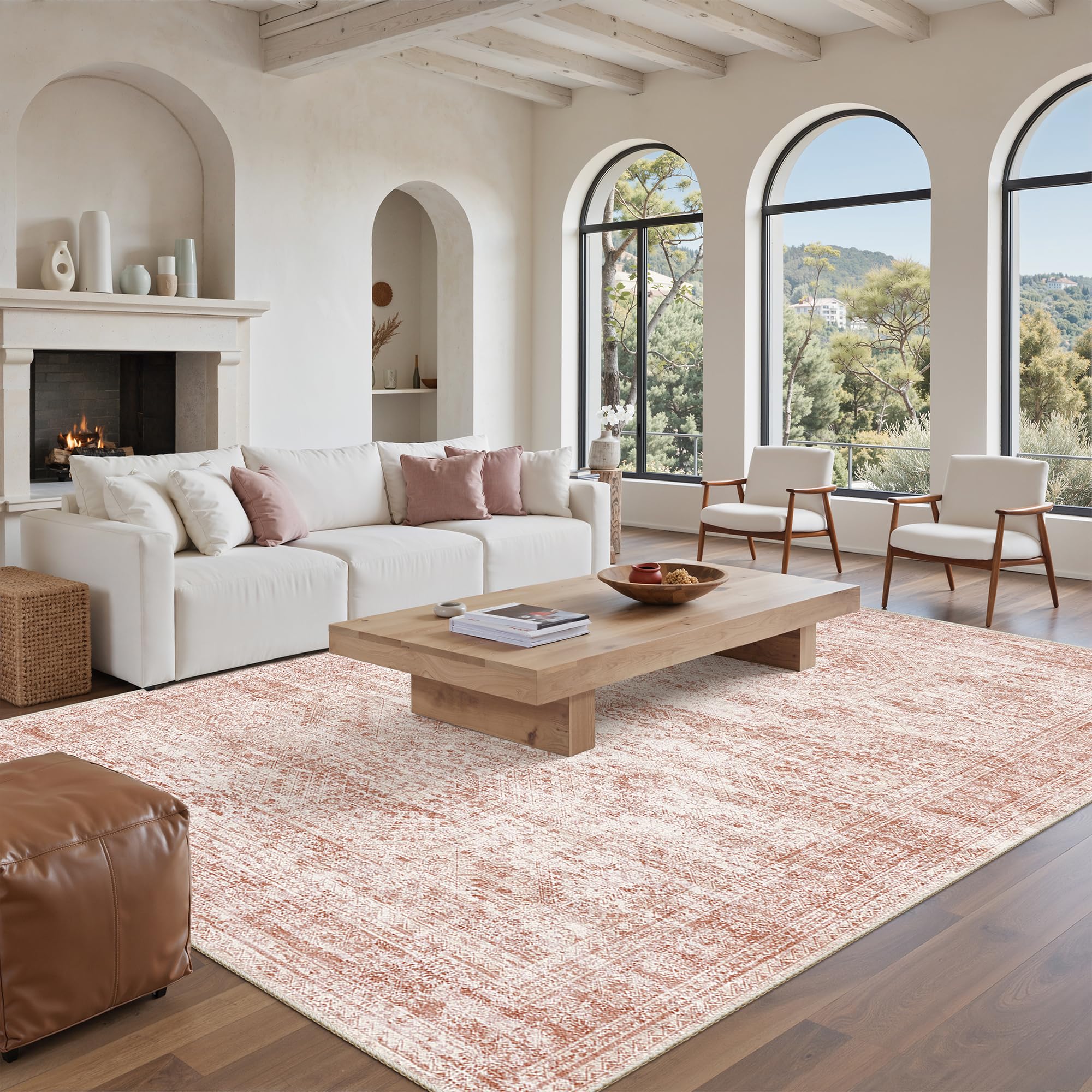 Soalmost Washable Area Rug 8x10 Large Soft Pink Rugs for Living Room | Vintage Non-Slip Carpet for Dining Bedroom, Stain Resistant Low Pile Foldable Lightweight Floor Mat Under Table Home Decor Pink 8' x 10' (Rectangular)