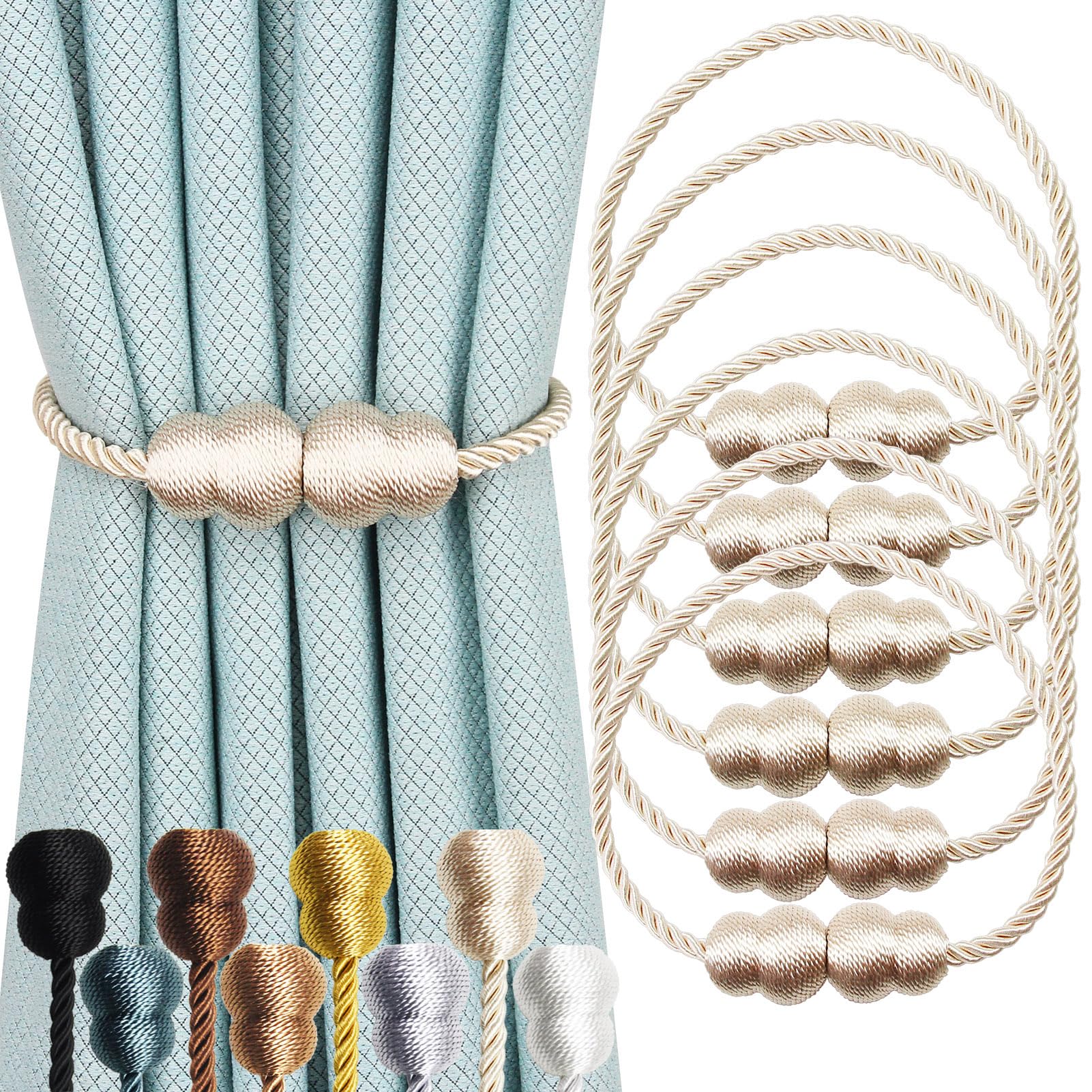 Hangtty Magnetic Curtain Tiebacks 6 Pack Rope Decorative Curtain Tie Backs Elegant Curtain Holders for Drapes Outdoor Window Treatment Holdbacks,