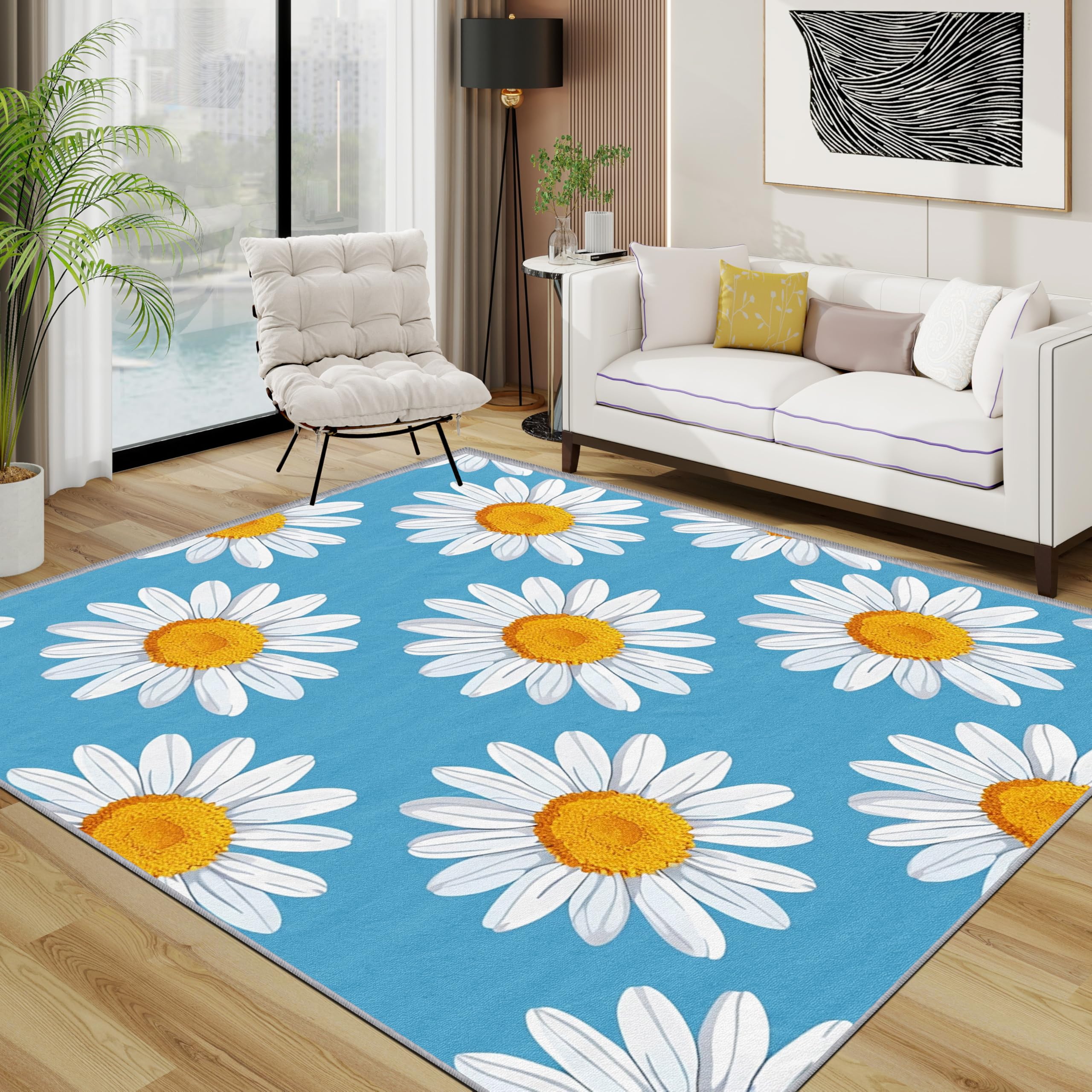 Daisy Rugs Living Room Large 200x300 - Cute Floral Botanical Blue Bedroom Rug, Flower Wildflower Washable Non Slip Low Pile Carpet, Daisy Home Decor