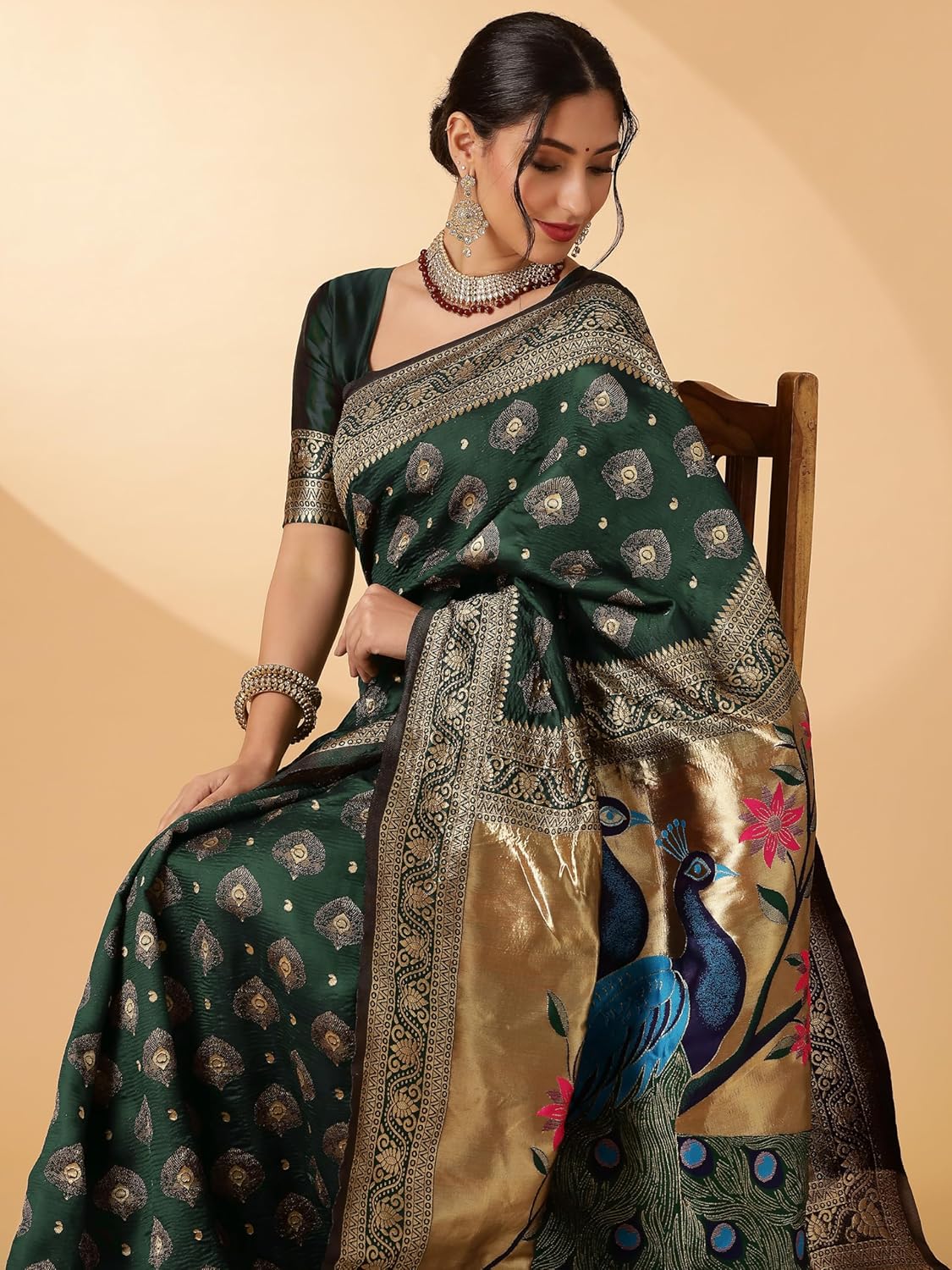 EthnicJunction Women's Paithani Silk Blend Woven Saree With Blouse Piece - Image 2