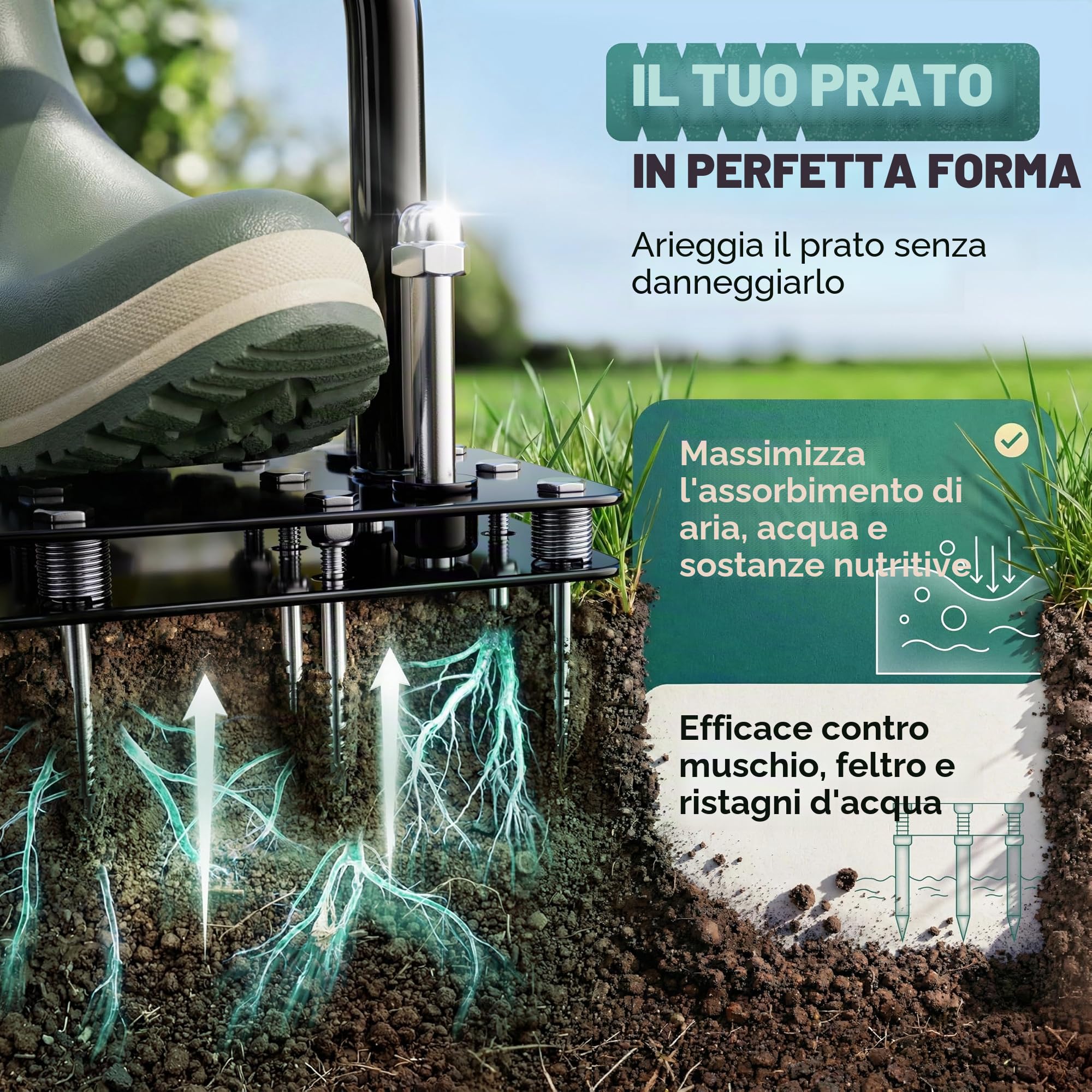 Aeratore per prato Pro | Innovativa forcella, aeratore per prato, scarificatore e aeratore per la ventilazione del prato, strumento da giardino di alta qualità per ventilare e sciogliere il