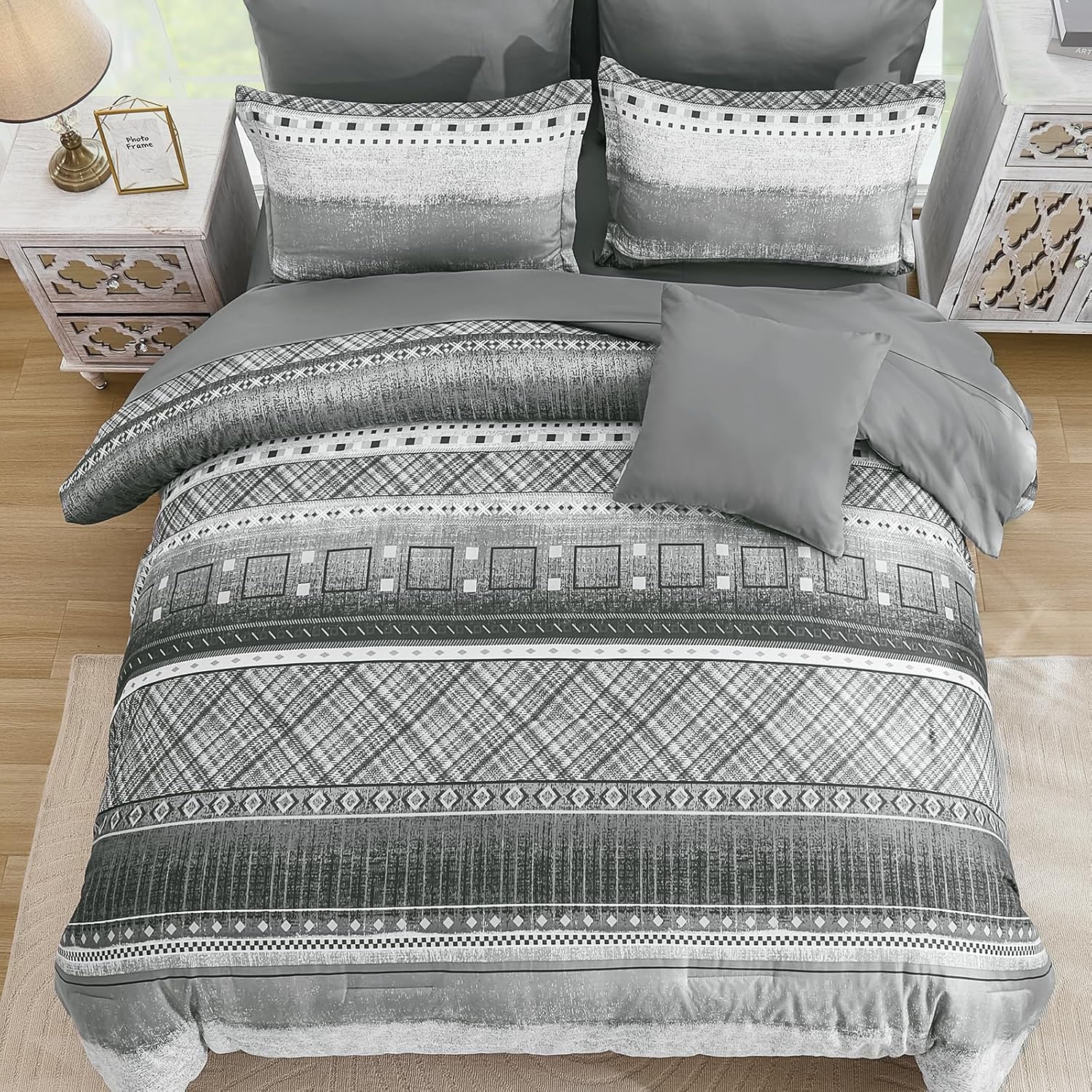 WONGS BEDDING 8 Piece Queen Size Comforter Set, Texture Striped Bed in a Bag Grey Comforter and Sheet Set, Boho Lightweight Microfiber Bedding Set for All Season (90"×90") - Image 3