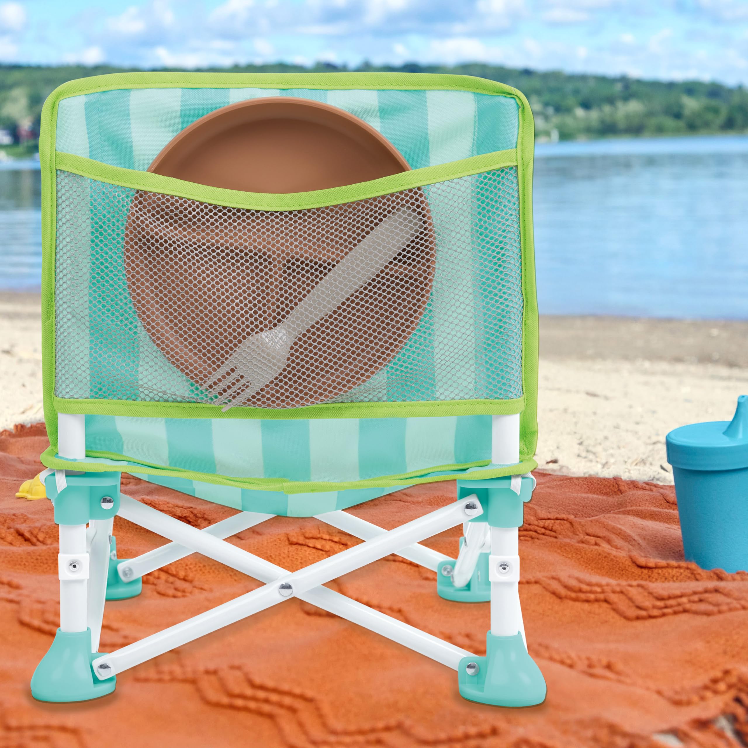 Bright Starts, Rehausseur portable Pop ’N Sit Cabana, parasol UPF, siège sol, intérieur extérieur, pliable compact, 6 mois 3 ans