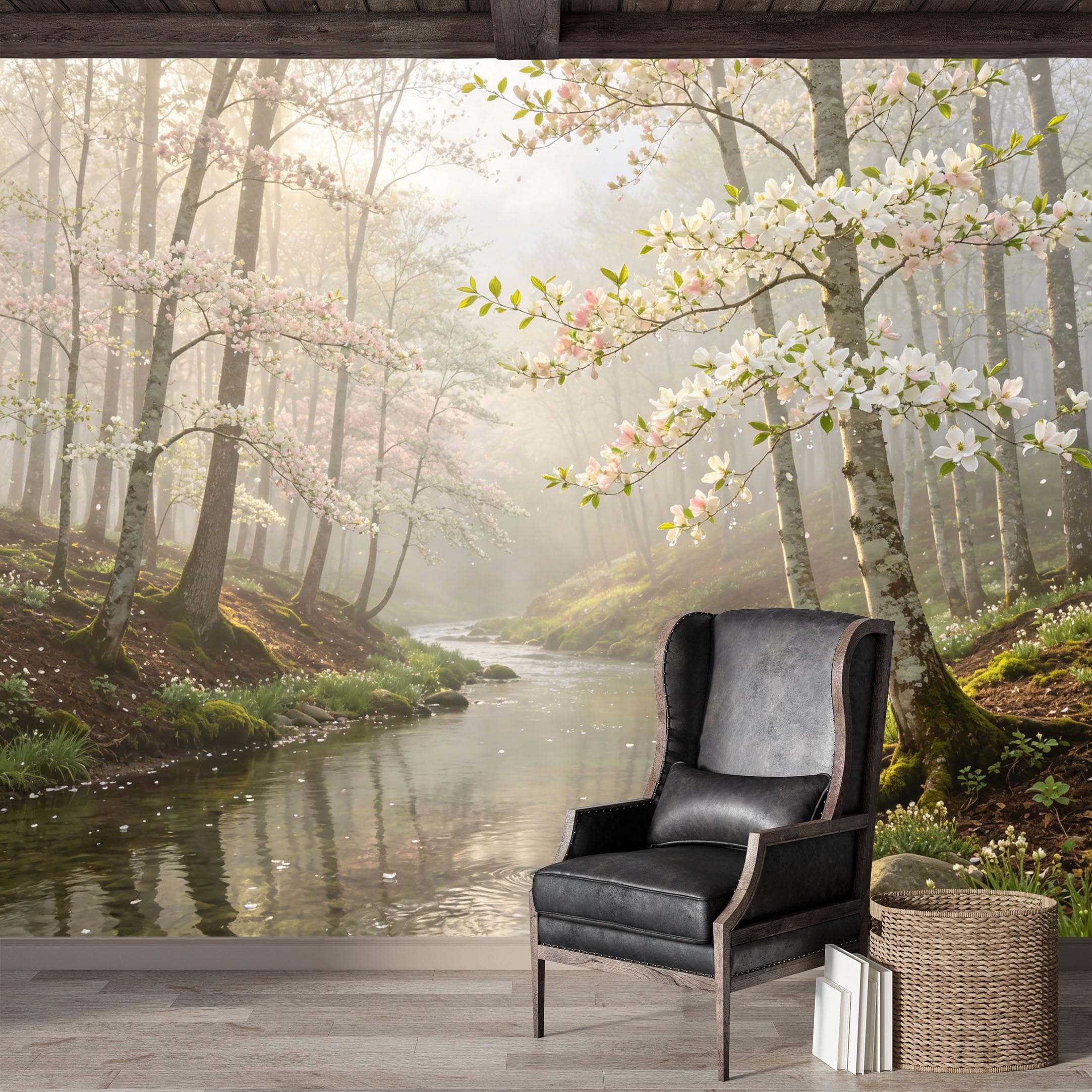 Custom Size Wall Mural,Enchanting Forest Creek Magnolia Blossom Watercolor Premium Water Activated SelfAdhesive Wallpaper,Removable Wall Covering for Indoor Home Decor