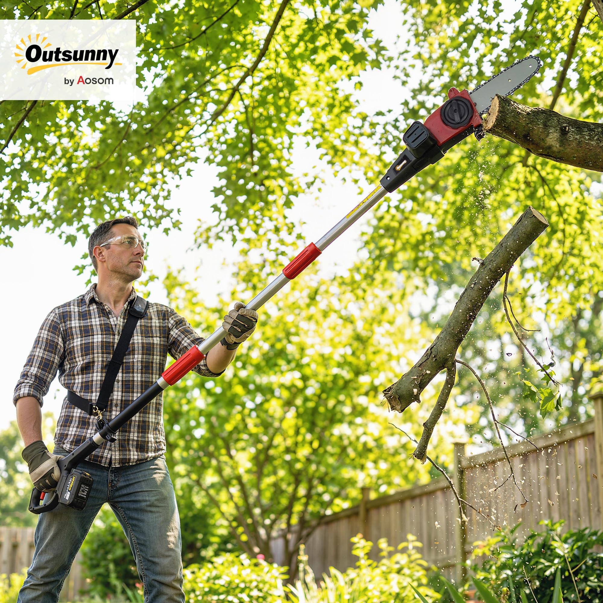 Outsunny Motosierra de Batería Extensible 1,94-2,56 m con Motor 300 W | Motosierra Eléctrica, 2 Baterías 4,0 Ah, Cargador, Doble Bloqueo, Lubricación Automática, Correa, 6 m/s para Podar Árboles