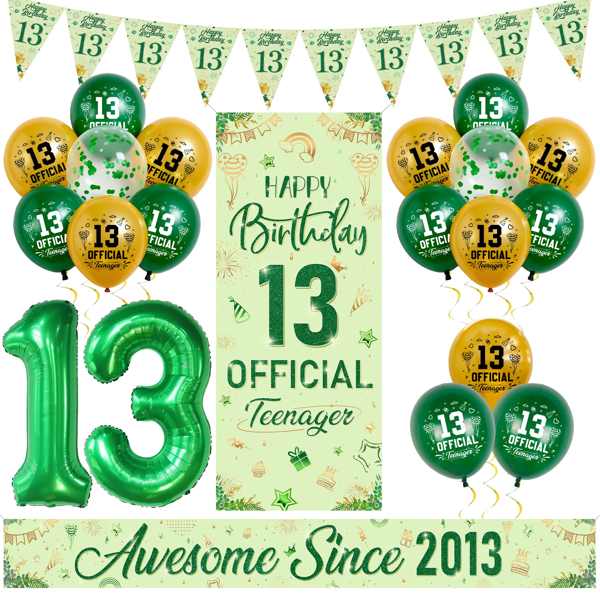 13th Birthday Decorations Boys Girls, Green Official Teenager Birthday Banner, Awesome Since 2013 Garden Banner, 32 Inch Number 13 Foil Balloon Bunting, Confetti Balloons for 13 Years Old