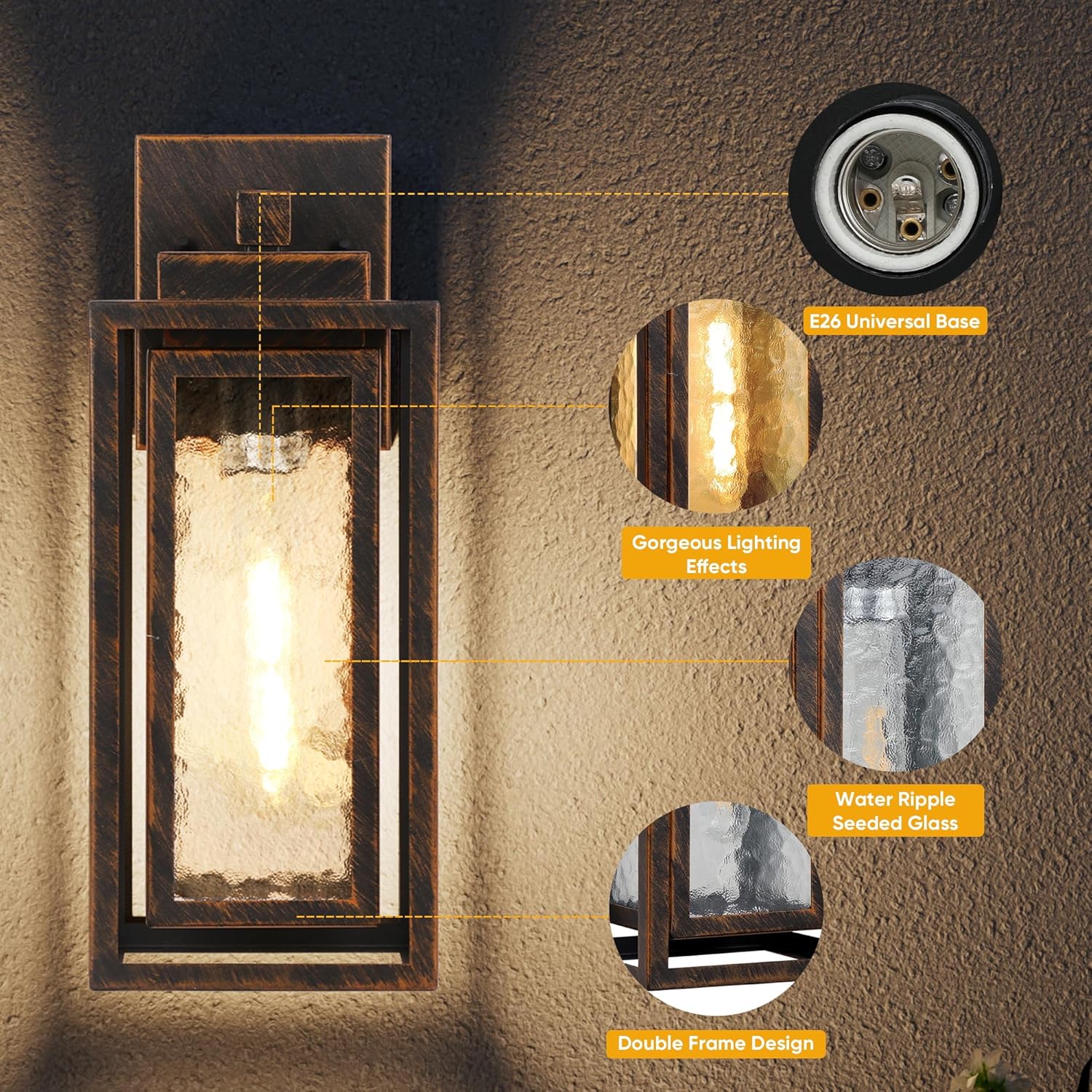 Water Ripple Exterior Porch Light Fixture, 2 Pack Outdoor Wall Lantern Black Gold, Wall Mount Lamp, Waterproof Exterior Lighting Fixtures, Outside Garage Sconce Lighting, for Doorway Outdoor Indoor