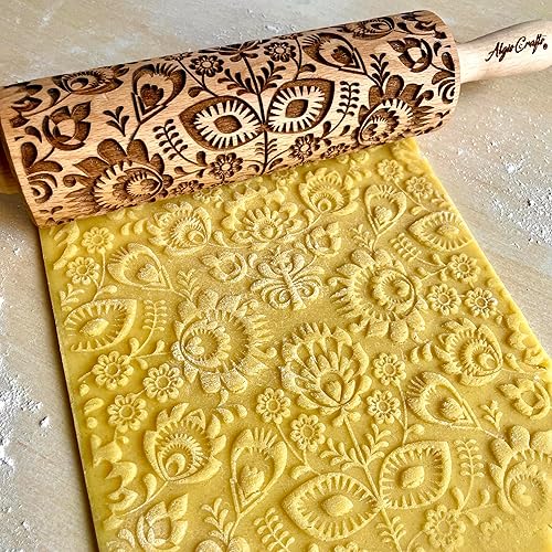 Miniatura 2 de FOLK Embossed Rolling Pin. Wooden Embossing Rolling Pin With Folksy Flowers for Pottery and Cookies by Algis Crafts
