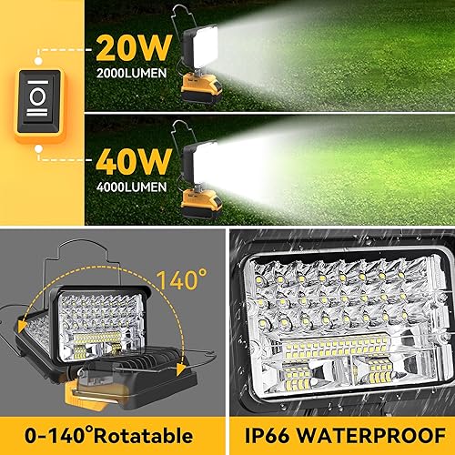 Miniatura 5 de Luz portátil inalámbrica para batería Dewalt de 20 V, 40 W, 4000 lúmenes, funciona con batería, luz de trabajo LED para Dewalt solo herramienta de