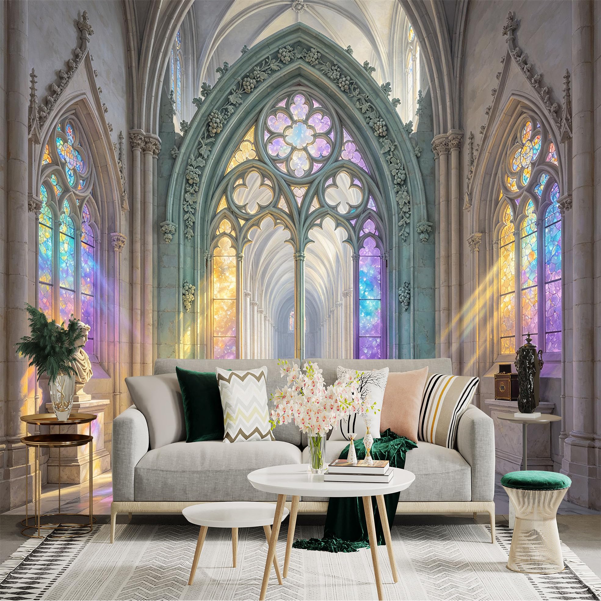 Custom Size Wall Sticker Mural， Gothic Cathedral with Stained Glass Arches and Sunlight， for wall Decoration， peelandstick wall Decals.