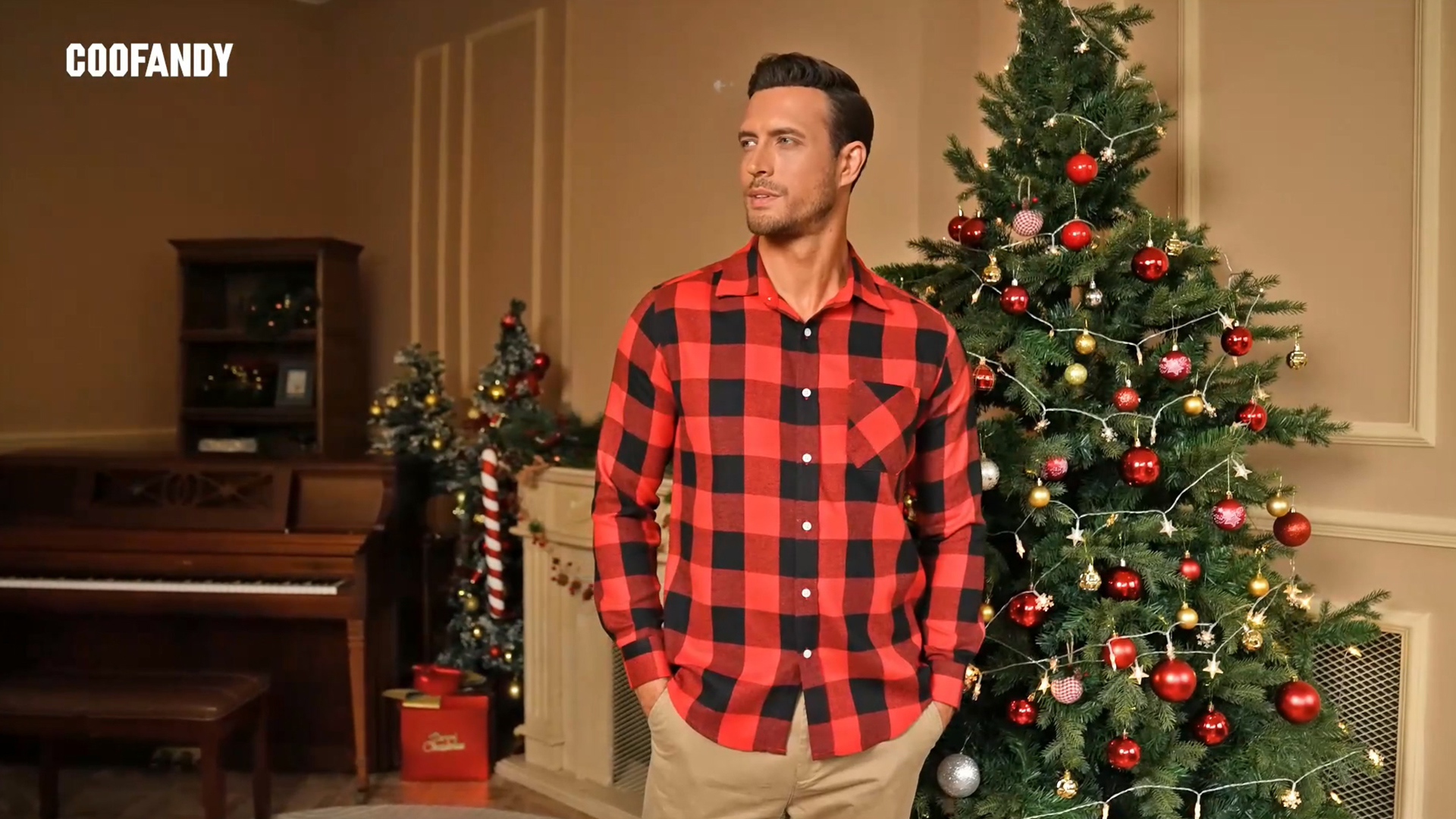 COOFANDY Men's Plaid Collar Long Sleeve Dress Shirt - Casual Button Down Shirt, Red, Medium
