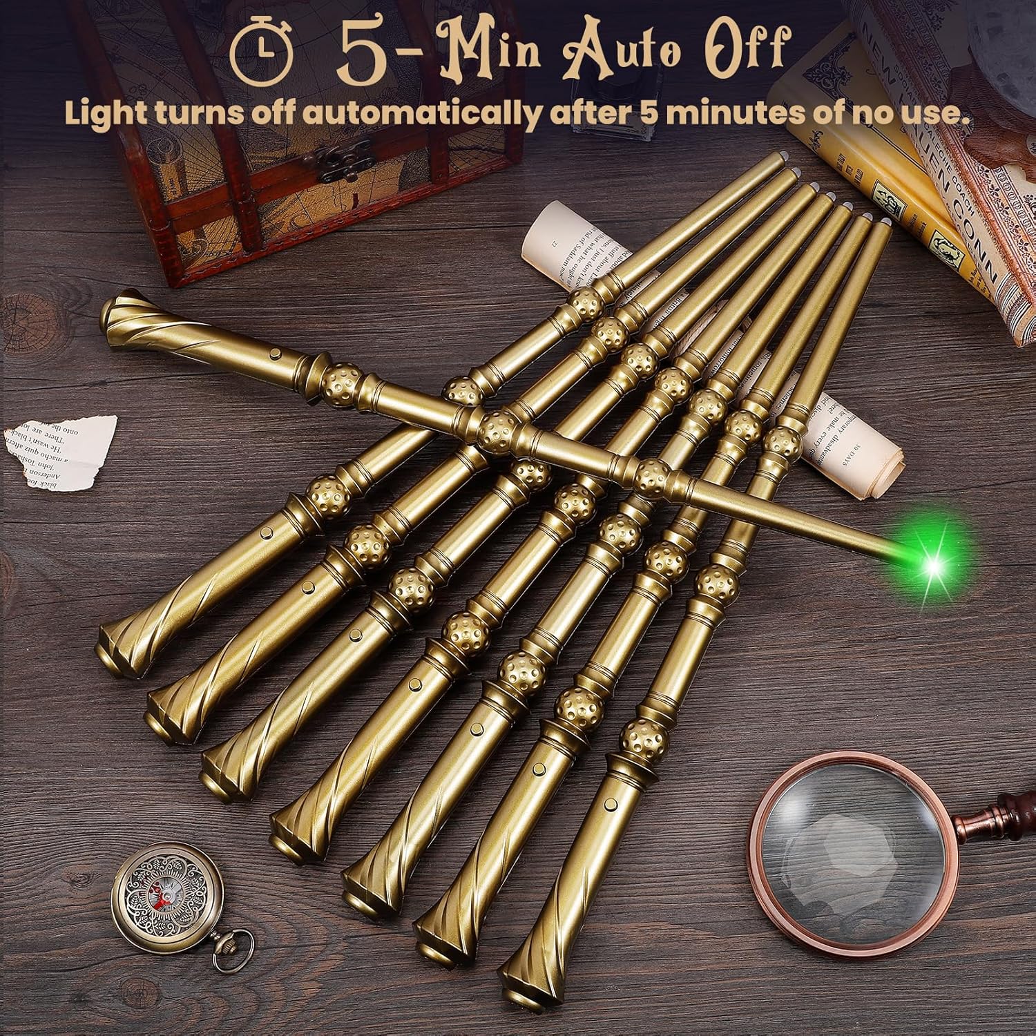 KingVows Light Up Magic Wizard Wand with 4 Color Lights & Sound - Set of 8 Illuminating Witch Sorcerer Toys for Kids Cosplay Party, Golden