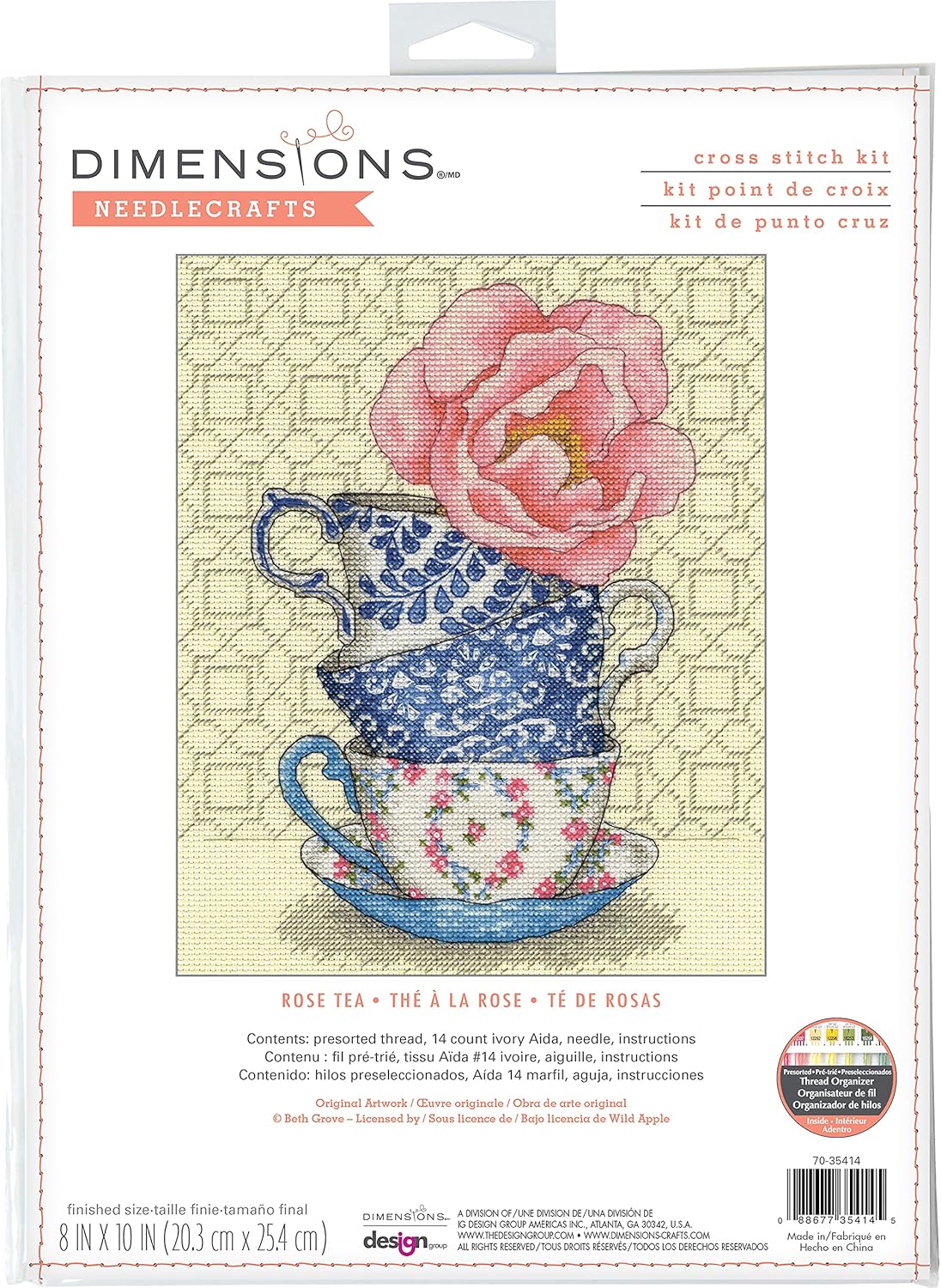 Dimensions 70-35414 Rose Tea Counted Cross Stitch Kit for Beginners, 8" x 10", 14 Cnt. Ivory Aida, 4pcs