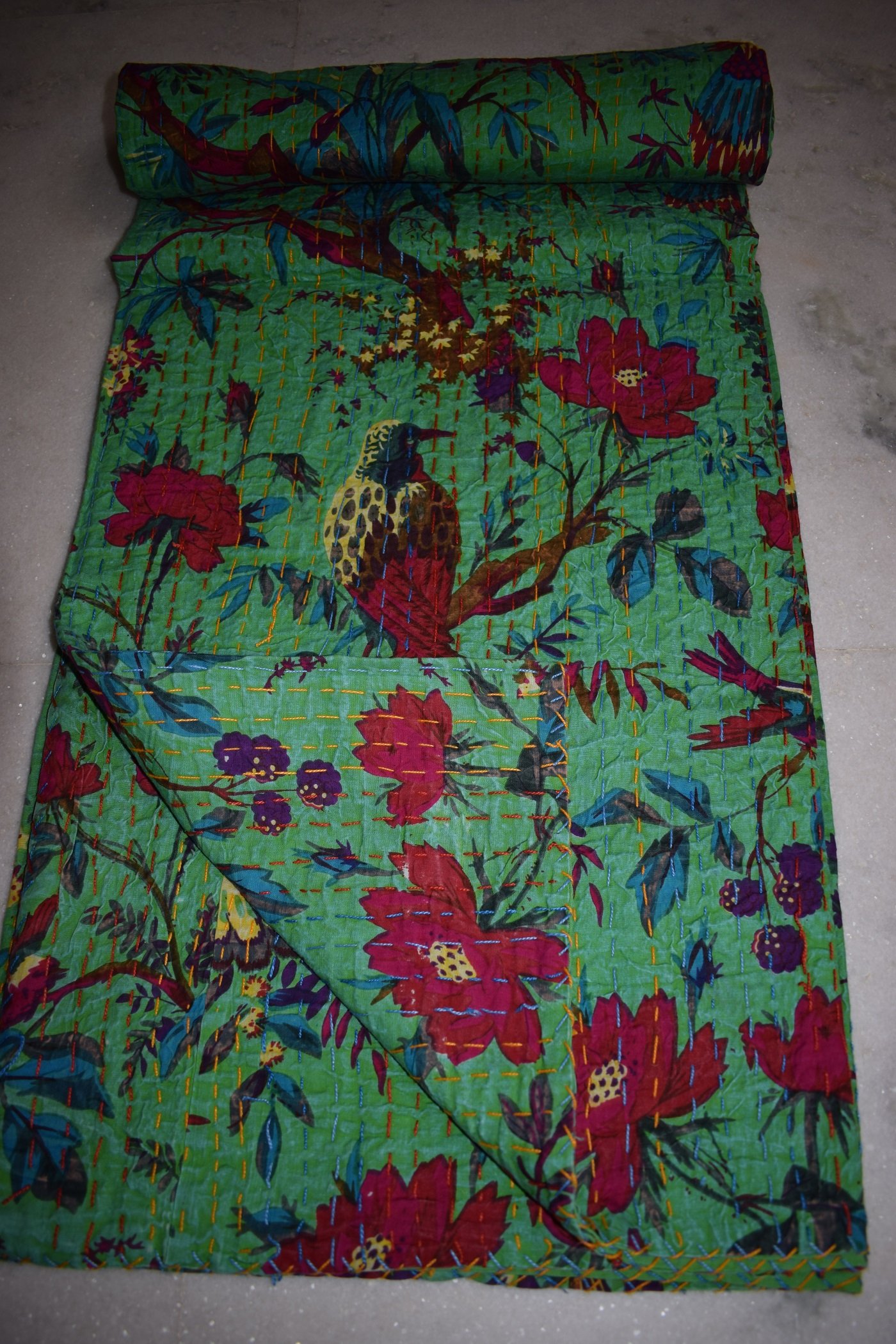 Tribal Asian Textiles Indian Reversible Kantha Quilt Handmade Bedspread Twin Size Throw Bird Print