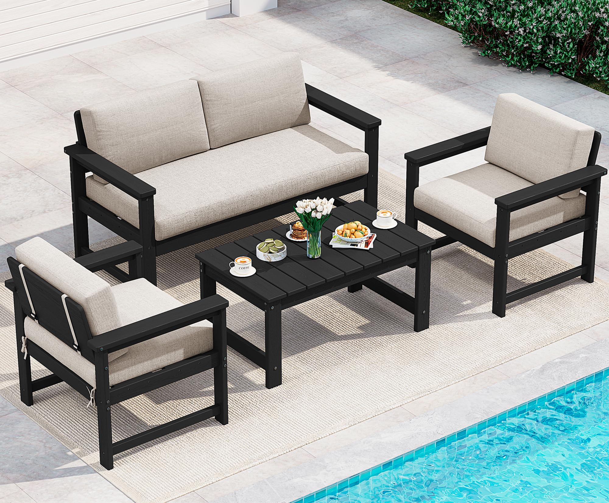 SERWALL 4 Pieces HDPE Outdoor Conversation Sofa Set with Cushions