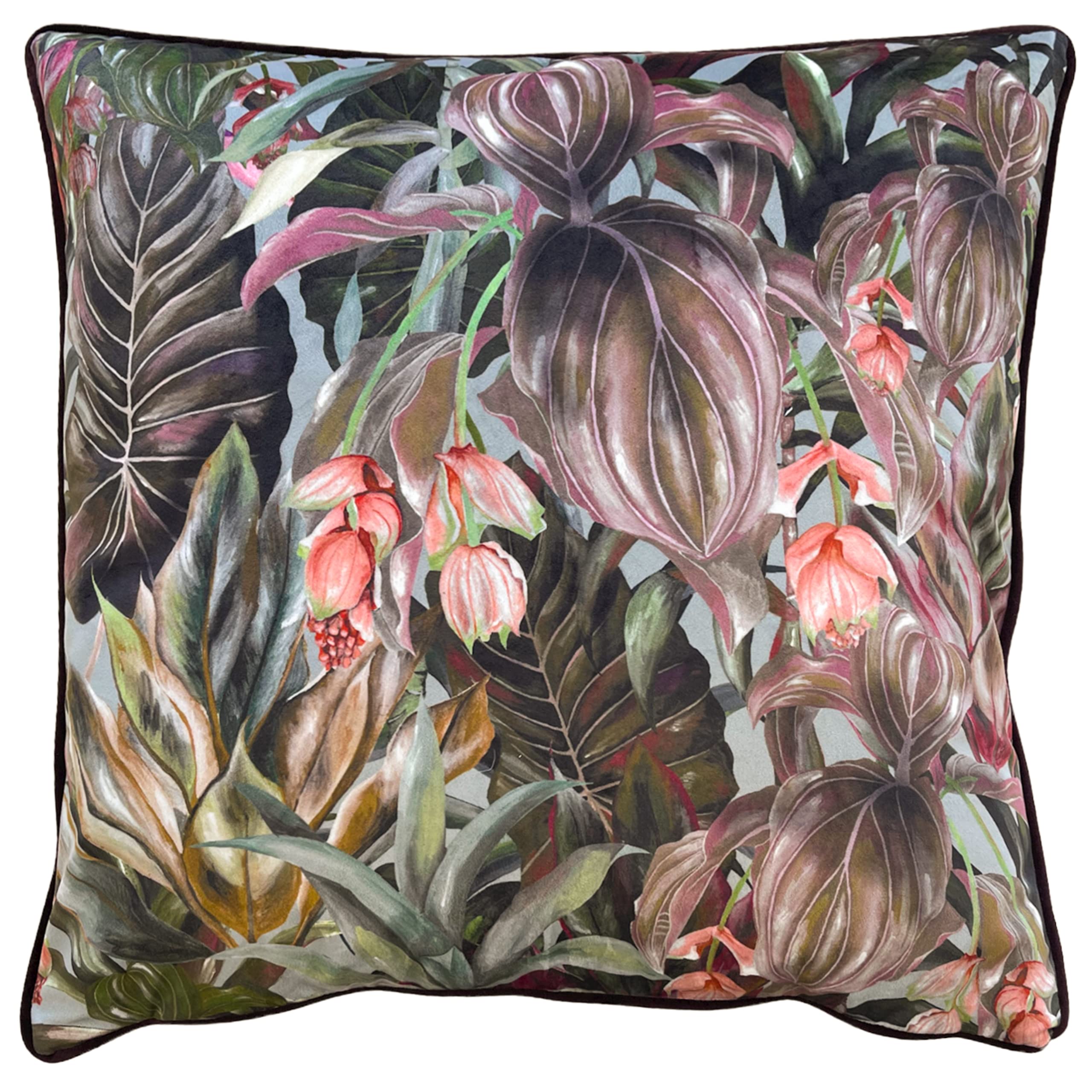Wylder Tropics Mogori Wild Medinilla Piped Velvet Cushion in Aubergine | Size: 50cm x 50cm