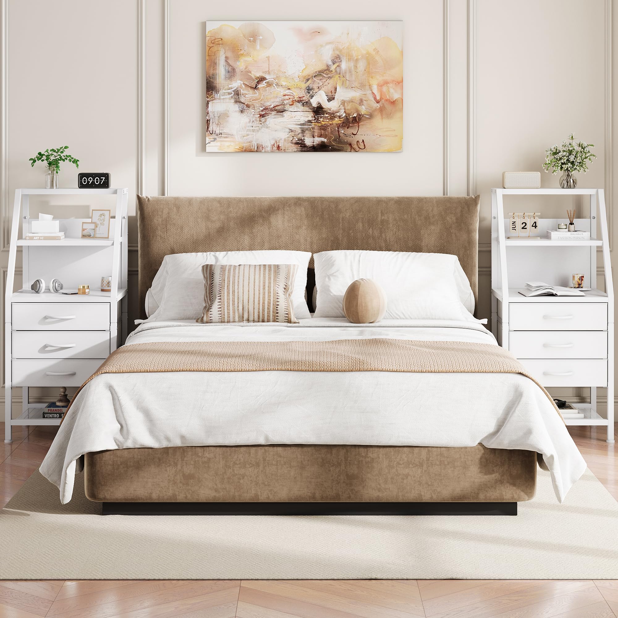 Feonase Mesita de noche ancha con 3 cajones de tela y compartimento abierto, adecuada para dormitorio, sofá y sala de estar pequeña, color blanco