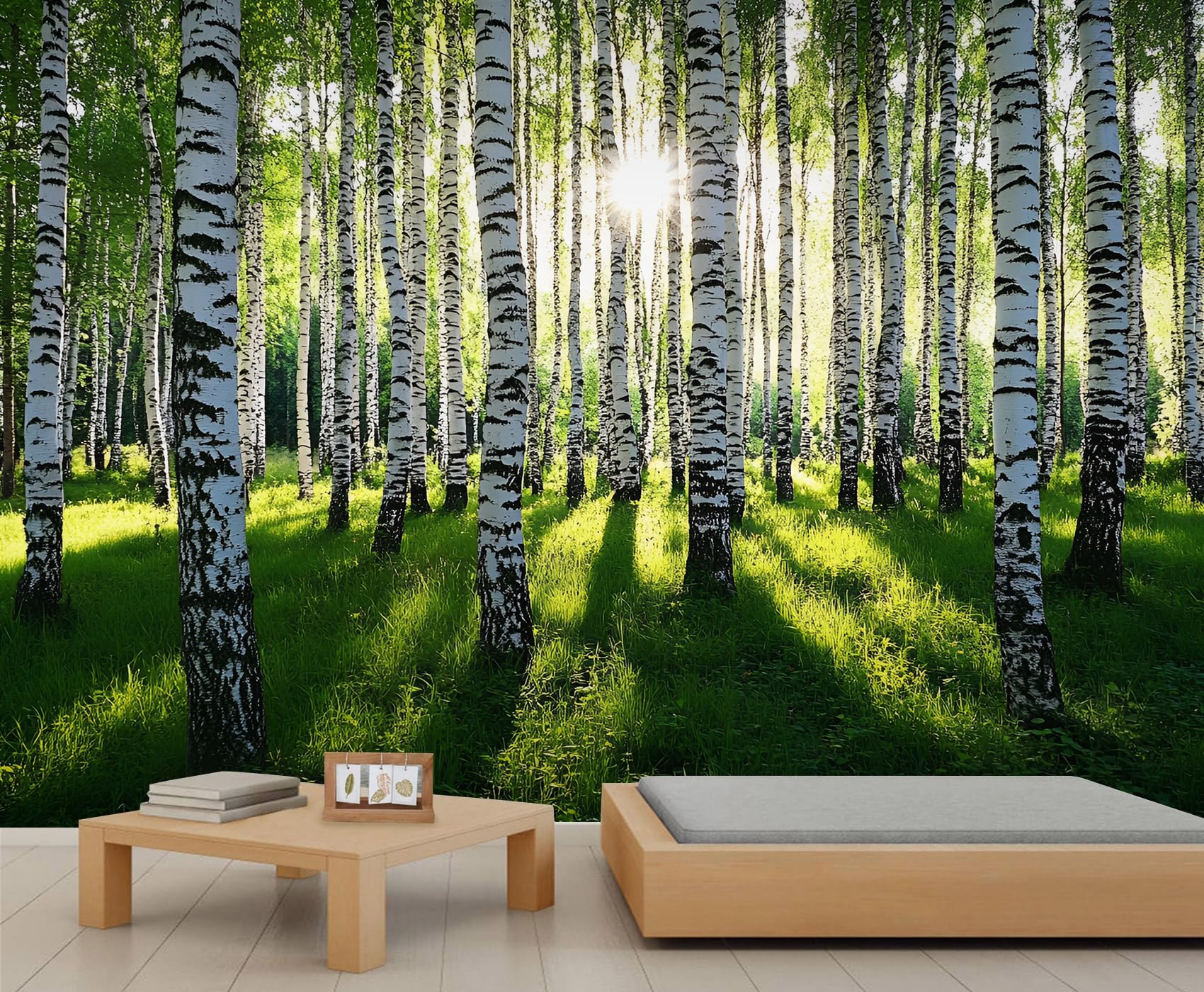 Birch Tree Wall Murals 300x210cm Green Forest Large Mural Woodland Mural Wallpaper for Bedroom Birch Tree Wall Decor (Not Peel n' Stick) — image 1