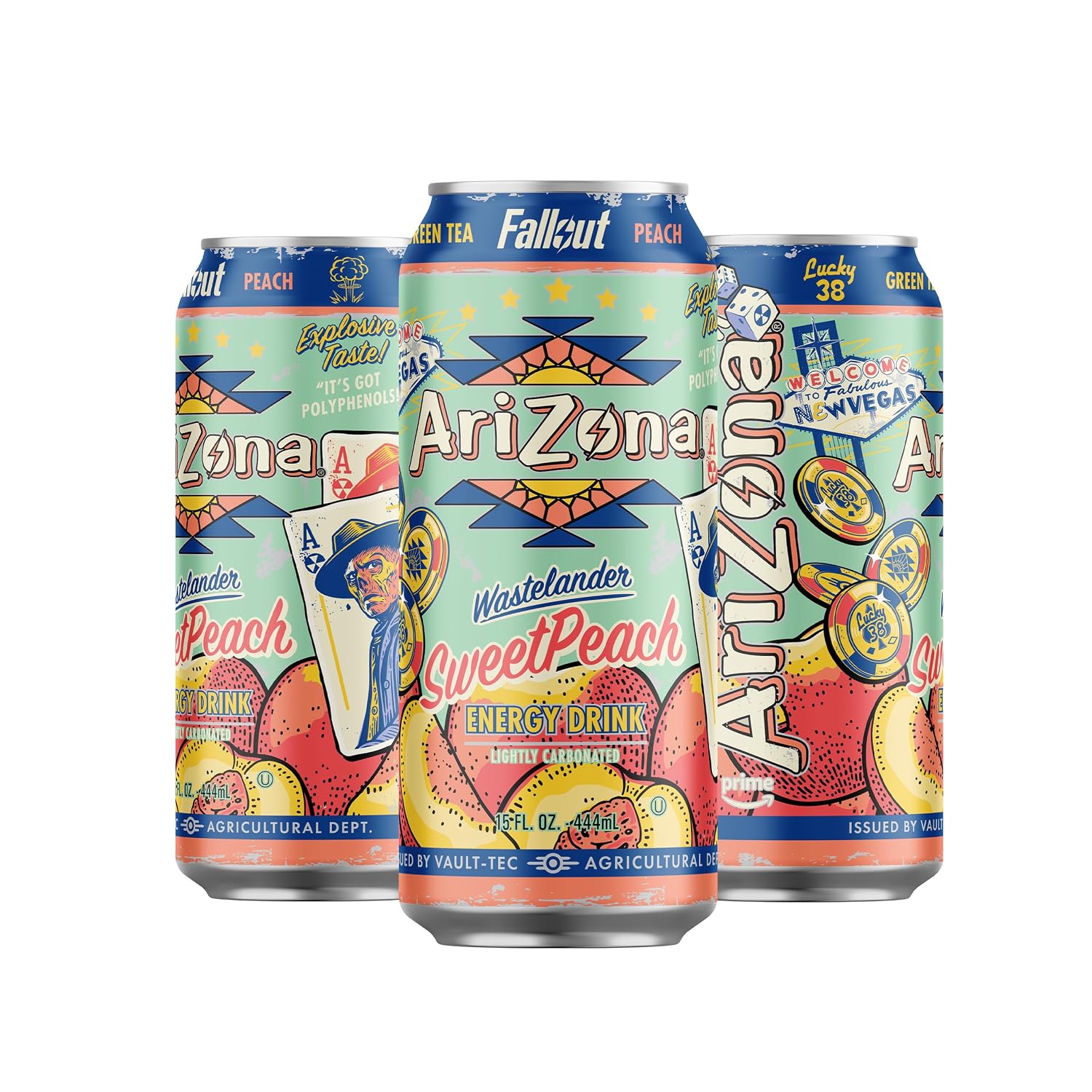 AriZona x Fallout Sweet Peach Green Tea Energy Drink, 15 fl oz (Pack of 12) - 190mg Caffeine per Can