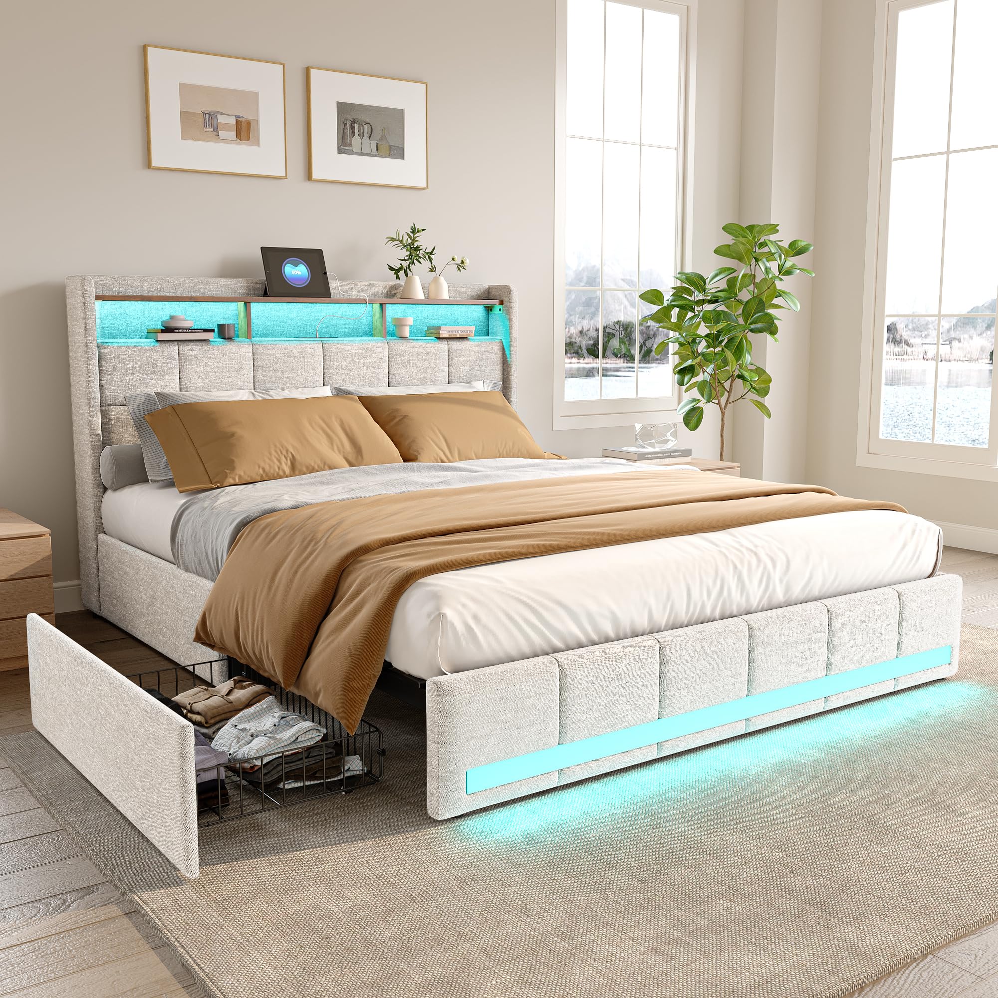 Cama tapizada para cama doble de 140 x 190 cm con 4 cajones, cama LED con conexión USB y tipo C, estructura de cama con somier, cabecero con compartimento, cama juvenil, cama de invitados, lino, beige