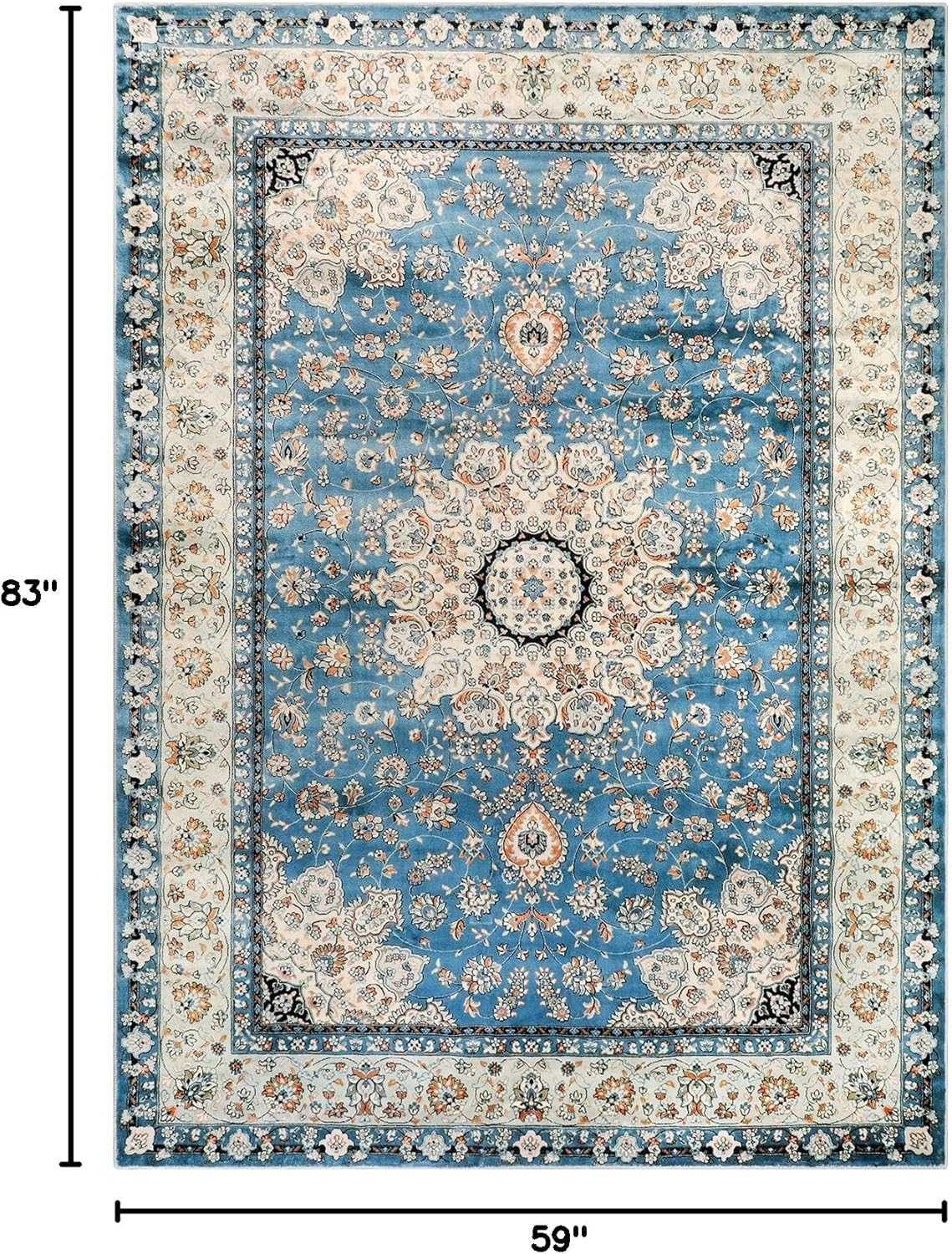 Lahome Felice Oriental Floral Medallion Area Rug - 5x7 Large Blue Distressed Living Bedroom Rug, Non-Slip Machine Washable Low-Pile Dining Room Mat Indoor Accent Carpet for Entryway Office Home