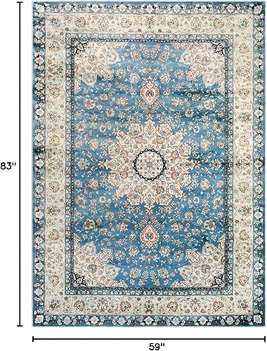 Miniatura 2 de Lahome Alfombra oriental con medallón floral  Alfombra grande de 5 x 7 pies, color azul, envejecida, antideslizante, lavable a máquina, alfombra de
