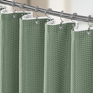 3 in 1 Shower Curtain Set, Waffle Shower Curtain and Liner Set with 12 Double Sided Shower Curtain Hooks, 258GSM Luxury Weighted Cloth Shower Curtains for Bathroom, 72 W x 72 H, Sage Green
