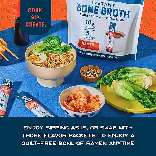 Miniatura 20 de Bare Bones Paquete de mezcla instantánea en polvo de caldo de hueso de limón y jengibre, 0.18 onzas de colágeno, 0.35 onzas de proteína, apto